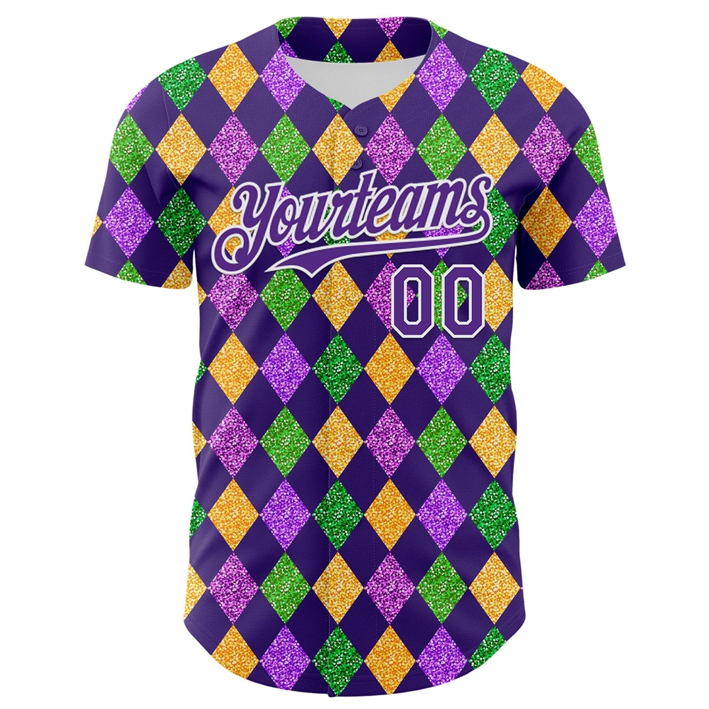 Custom Purple White 3D Pattern Design Mardi Gras Shrove Tuesday Authentic Baseball Jersey baseball jersey product view 2