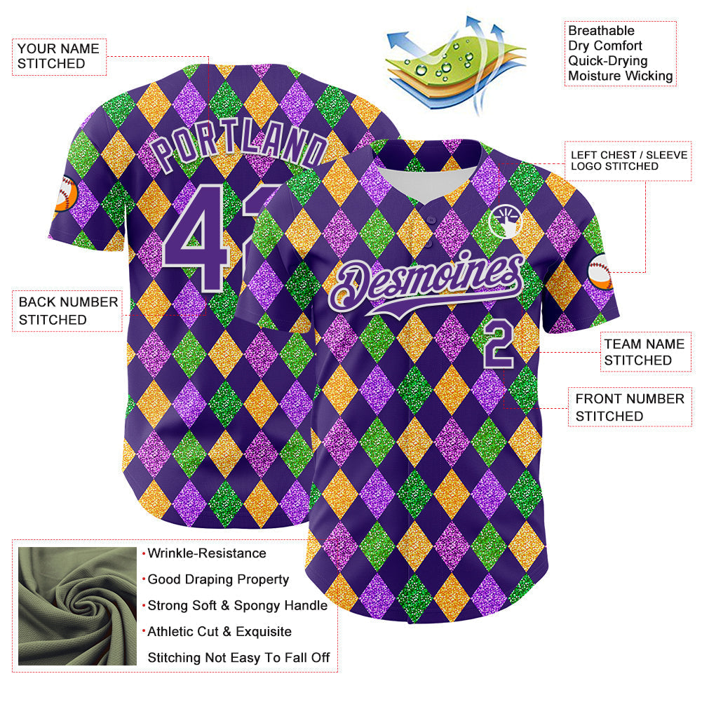 Custom Purple White 3D Pattern Design Mardi Gras Shrove Tuesday Authentic Baseball Jersey baseball jersey product view 3