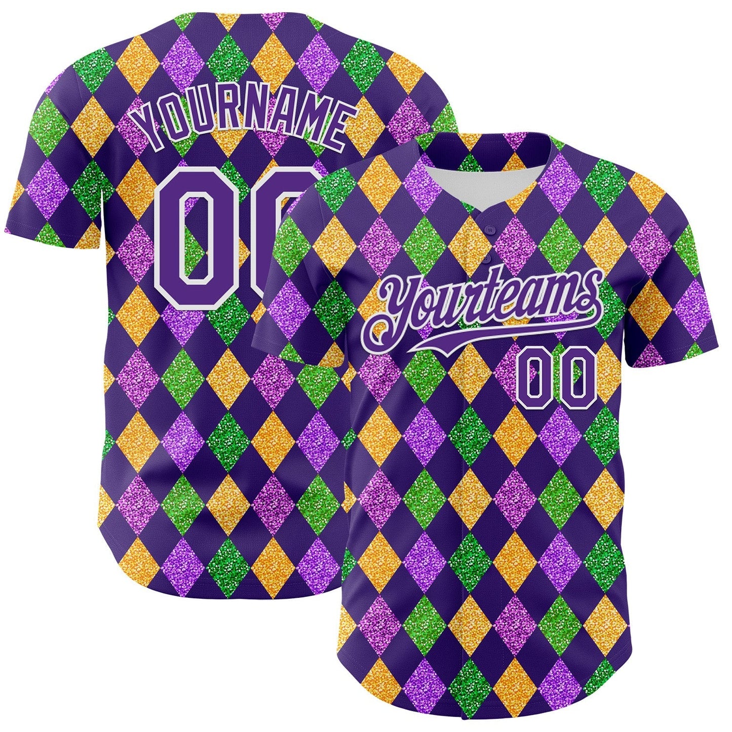 Custom Purple White 3D Pattern Design Mardi Gras Shrove Tuesday Authentic Baseball Jersey baseball jersey product view 1