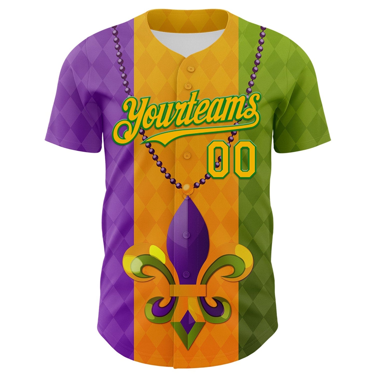 Custom Purple Gold-Grass Green 3D Pattern Design Mardi Gras Shrove Tuesday Authentic Baseball Jersey baseball jersey product view 2