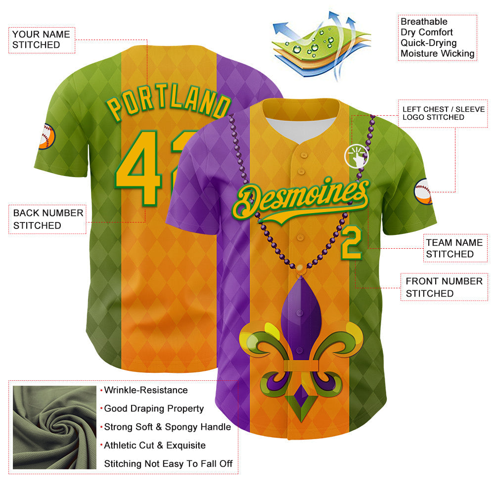 Custom Purple Gold-Grass Green 3D Pattern Design Mardi Gras Shrove Tuesday Authentic Baseball Jersey baseball jersey product view 3
