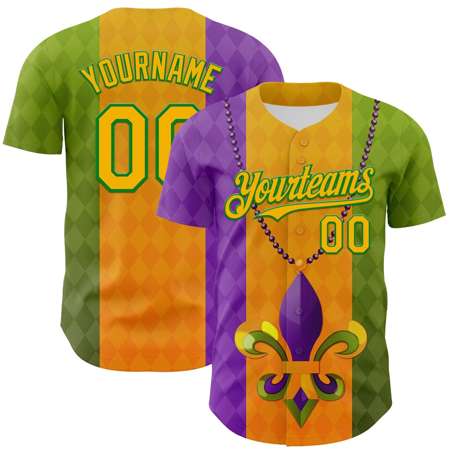 Custom Purple Gold-Grass Green 3D Pattern Design Mardi Gras Shrove Tuesday Authentic Baseball Jersey baseball jersey product view 1