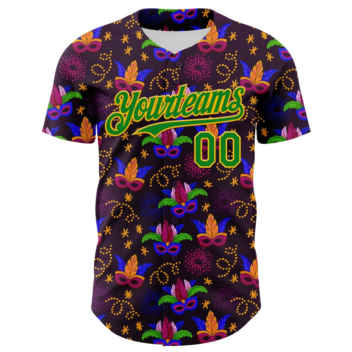 Custom Purple Grass Green-Gold 3D Pattern Design Mardi Gras Shrove Tuesday Authentic Baseball Jersey baseball jersey product view 2