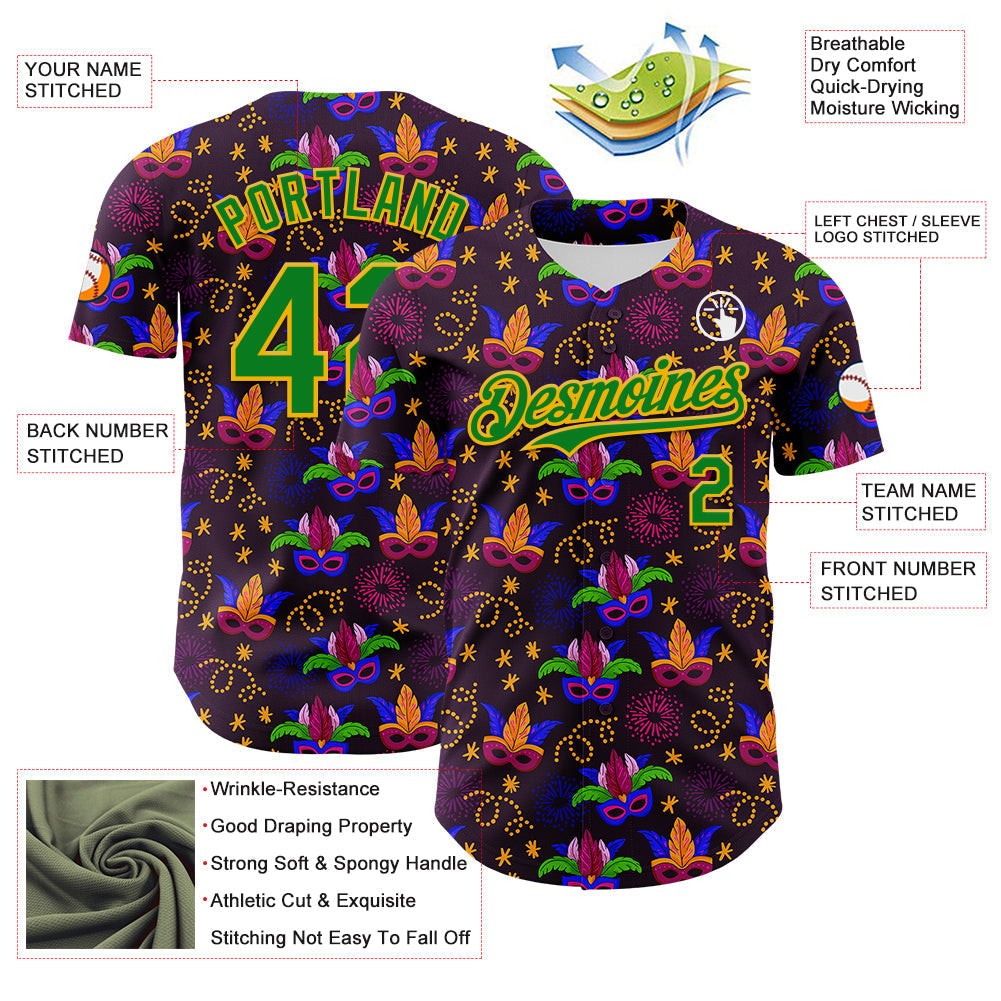 Custom Purple Grass Green-Gold 3D Pattern Design Mardi Gras Shrove Tuesday Authentic Baseball Jersey baseball jersey product view 3