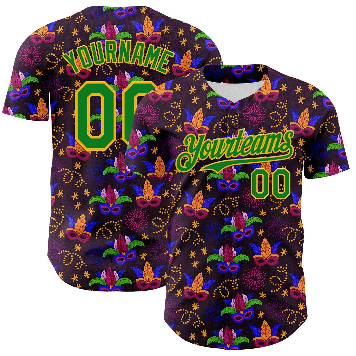 Custom Purple Grass Green-Gold 3D Pattern Design Mardi Gras Shrove Tuesday Authentic Baseball Jersey baseball jersey product view 1