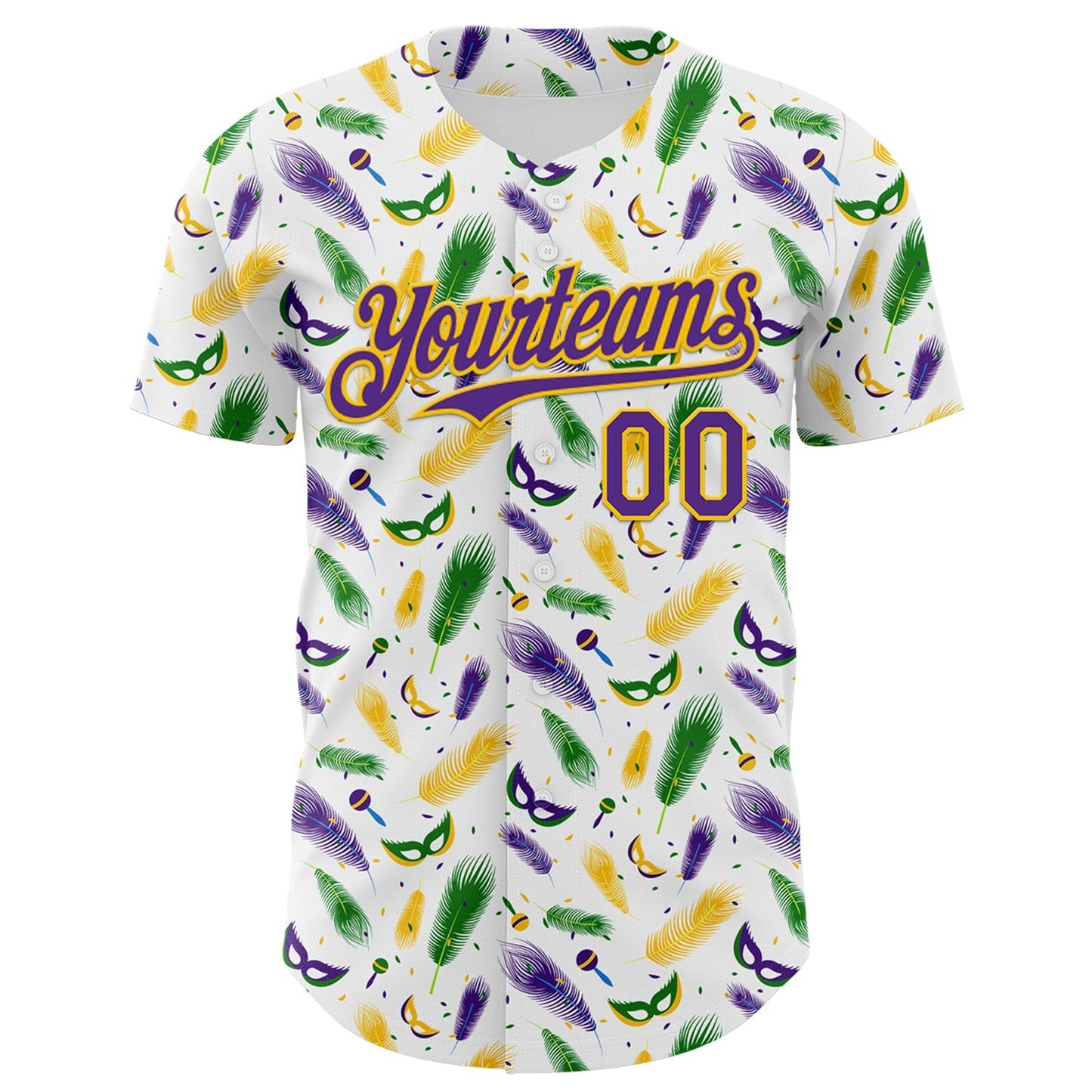 Custom White Purple-Yellow 3D Pattern Design Mardi Gras Shrove Tuesday Authentic Baseball Jersey baseball jersey product view 2