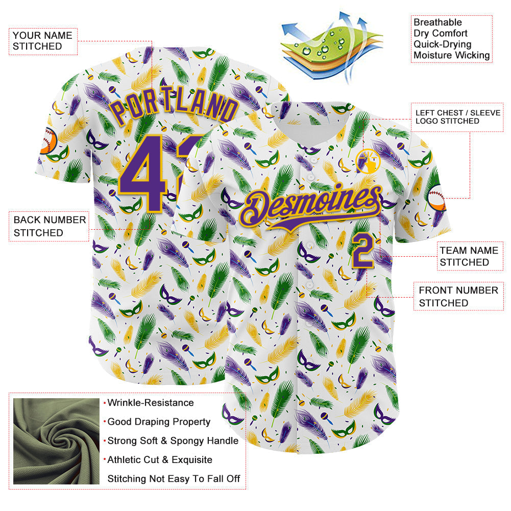 Custom White Purple-Yellow 3D Pattern Design Mardi Gras Shrove Tuesday Authentic Baseball Jersey baseball jersey product view 3