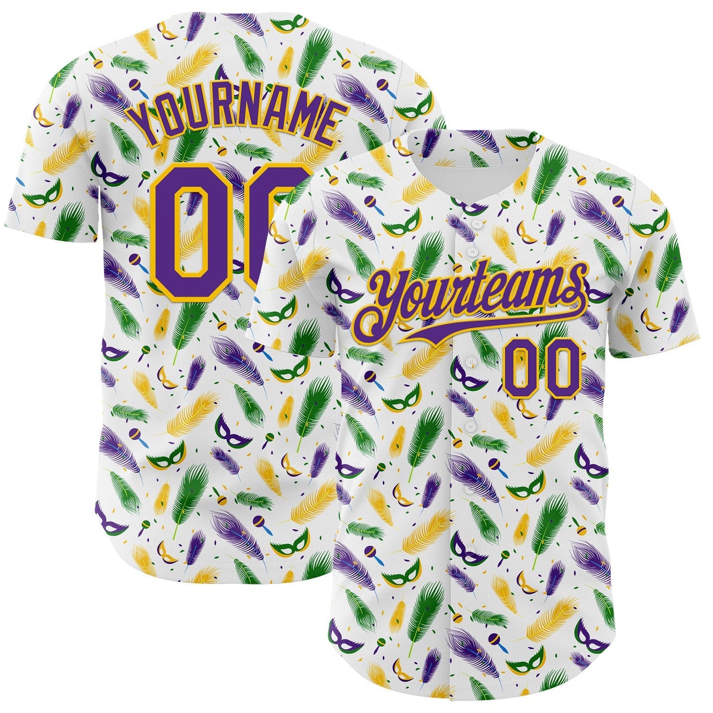 Custom White Purple-Yellow 3D Pattern Design Mardi Gras Shrove Tuesday Authentic Baseball Jersey baseball jersey product view 1