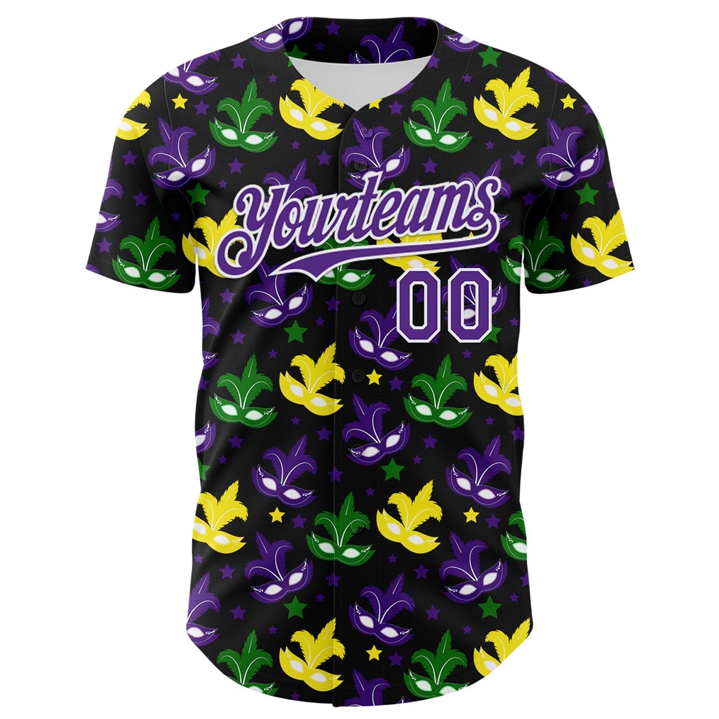 Custom Black Purple-White 3D Pattern Design Mardi Gras Shrove Tuesday Authentic Baseball Jersey baseball jersey product view 2