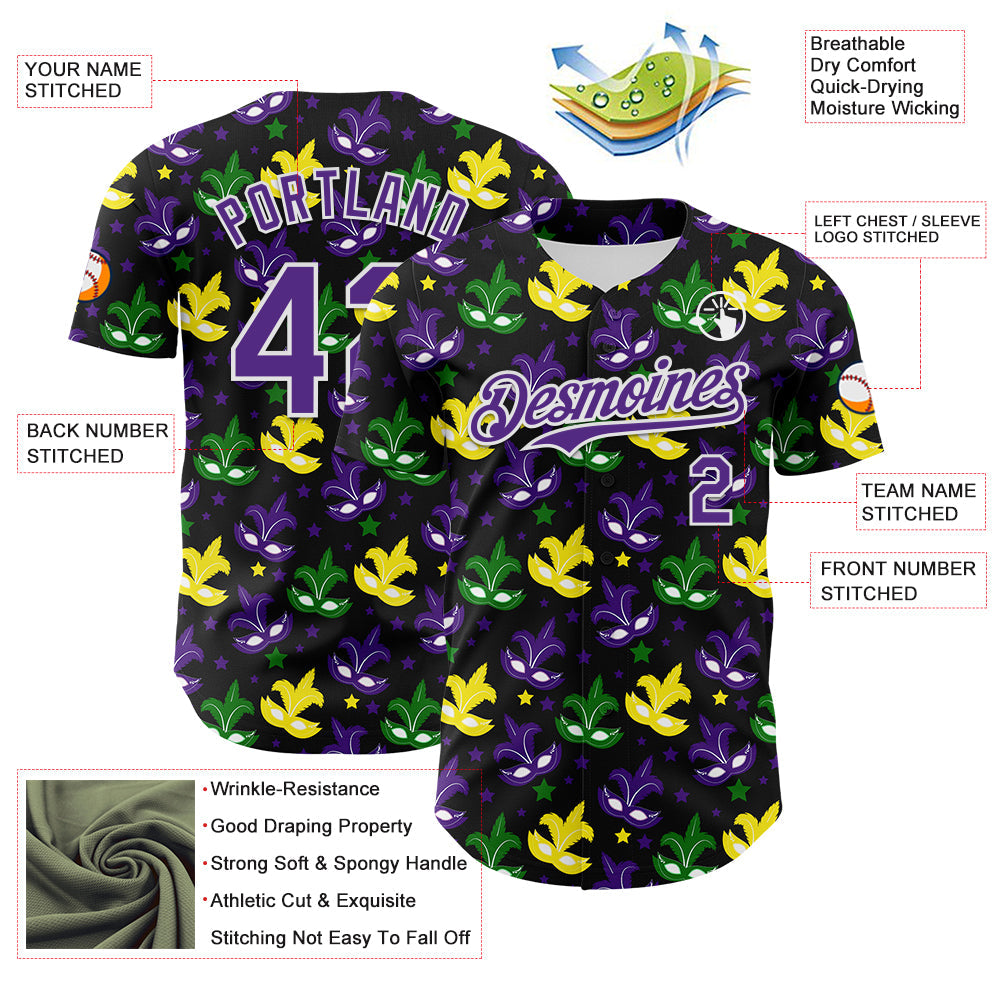 Custom Black Purple-White 3D Pattern Design Mardi Gras Shrove Tuesday Authentic Baseball Jersey baseball jersey product view 3