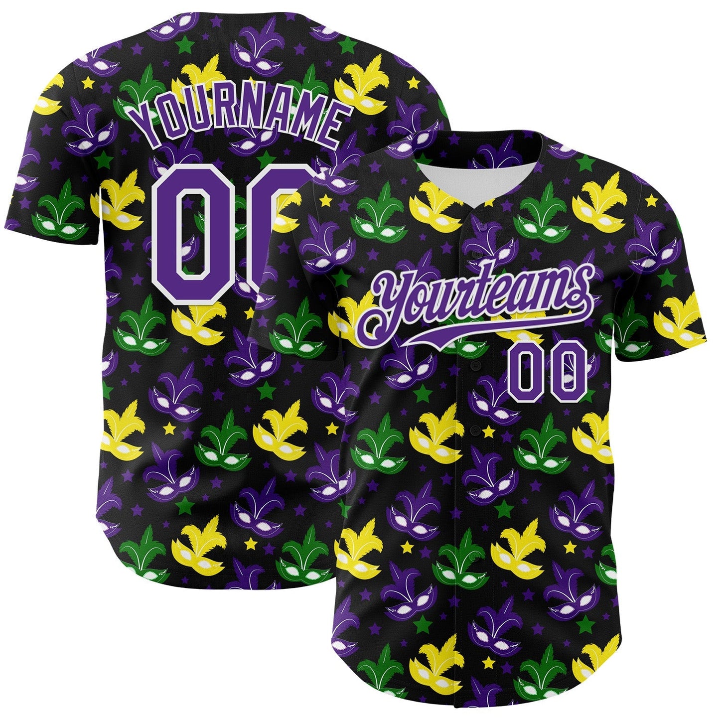 Custom Black Purple-White 3D Pattern Design Mardi Gras Shrove Tuesday Authentic Baseball Jersey baseball jersey product view 1