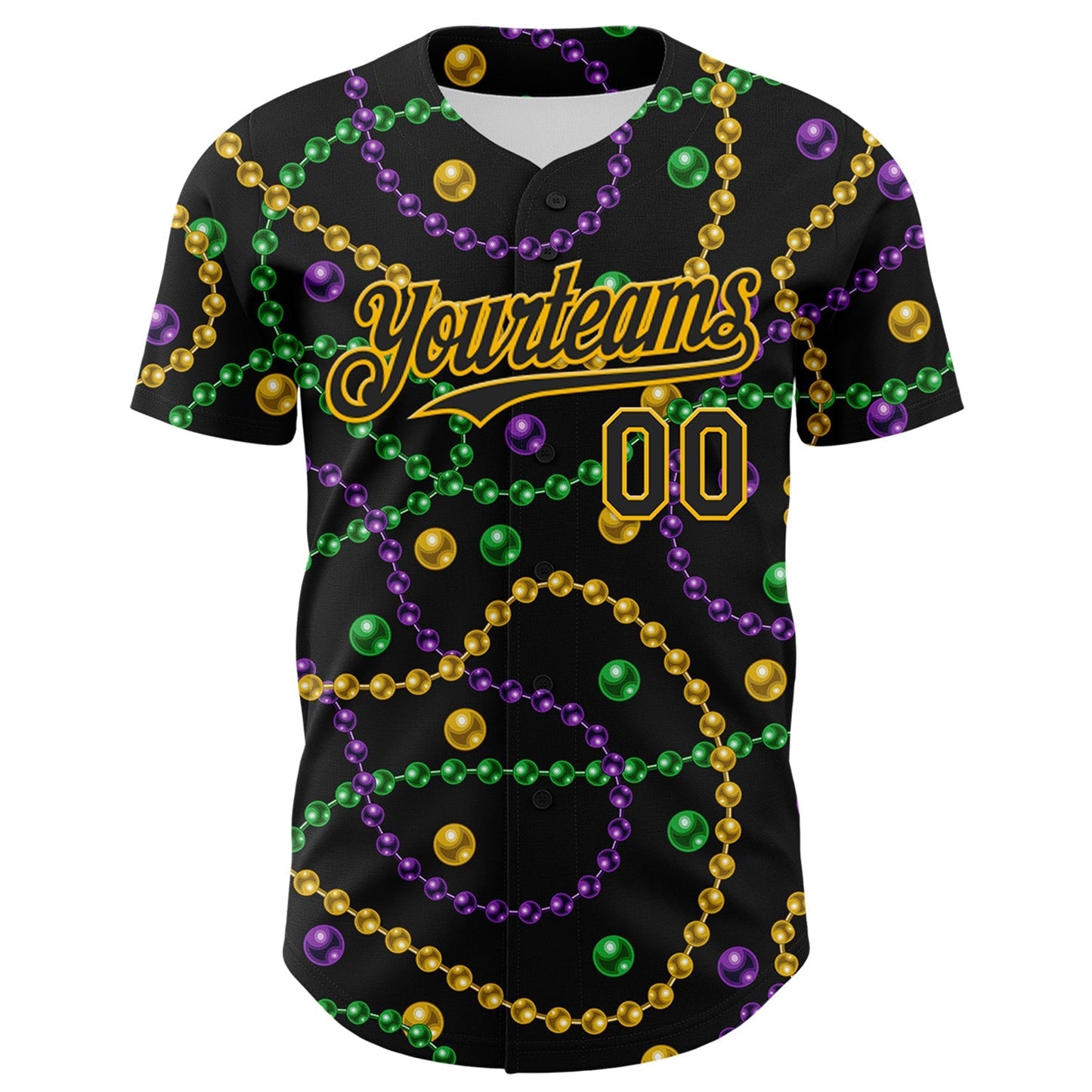 Custom Black Gold 3D Pattern Design Mardi Gras Shrove Tuesday Authentic Baseball Jersey baseball jersey product view 2