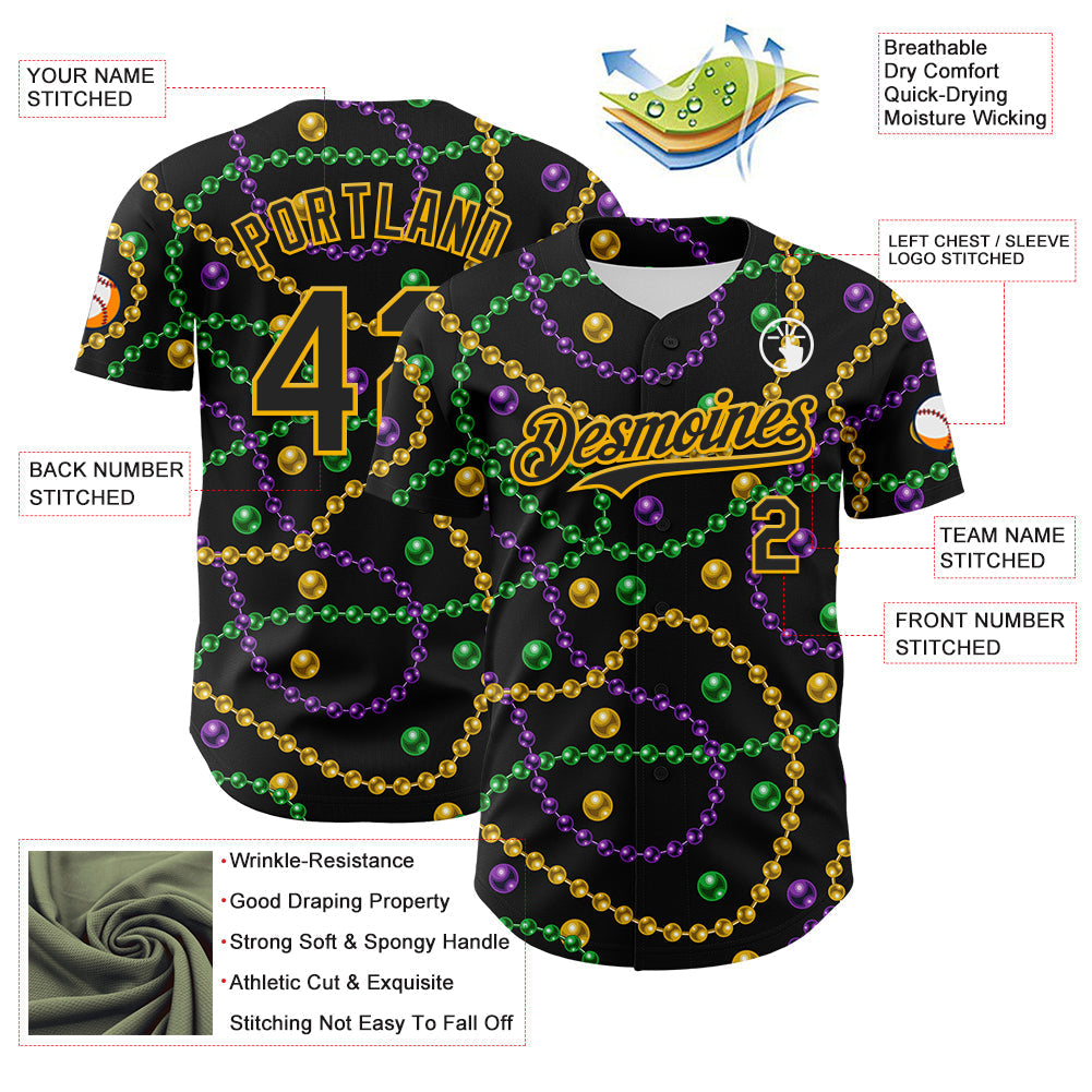 Custom Black Gold 3D Pattern Design Mardi Gras Shrove Tuesday Authentic Baseball Jersey baseball jersey product view 3