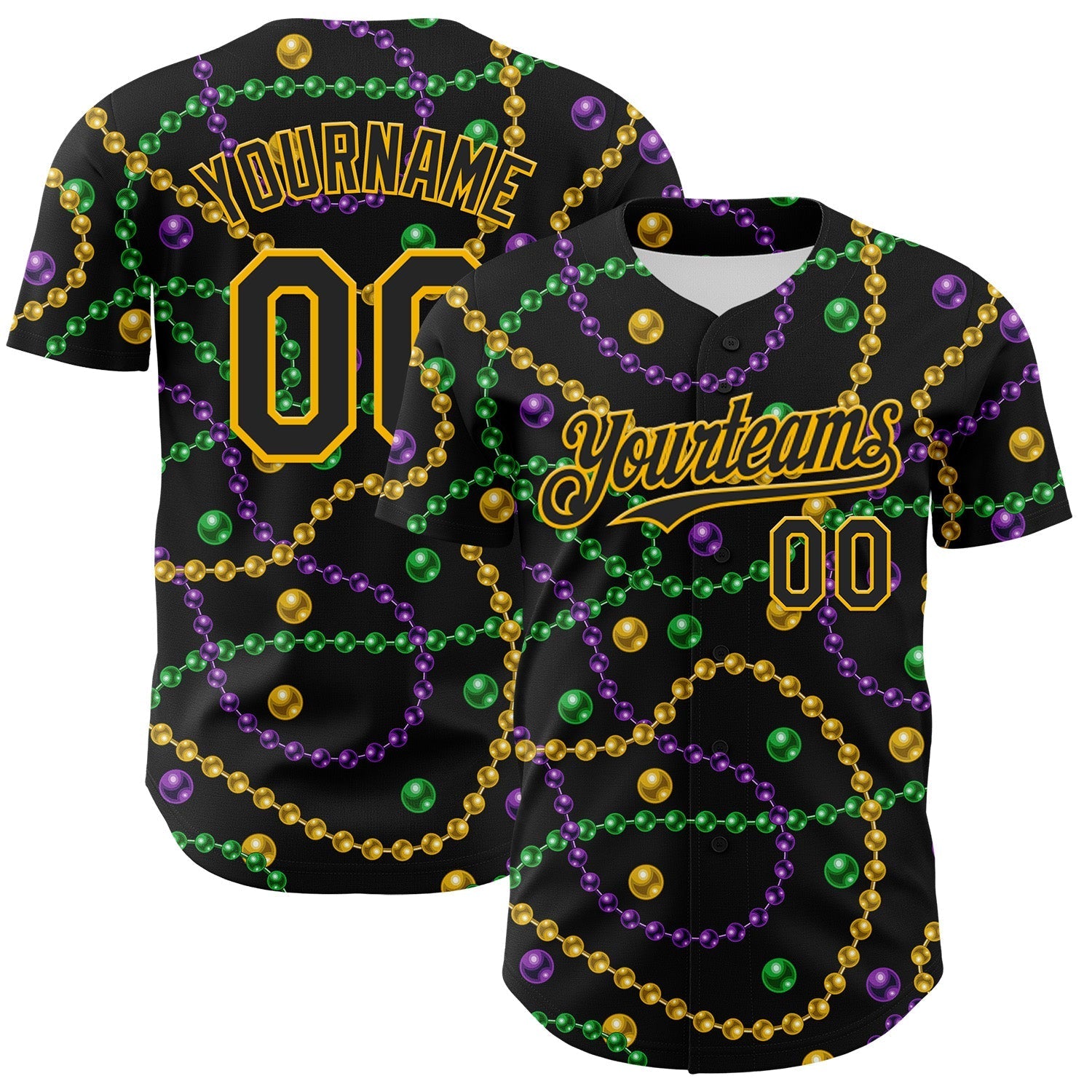 Custom Black Gold 3D Pattern Design Mardi Gras Shrove Tuesday Authentic Baseball Jersey baseball jersey product view 1