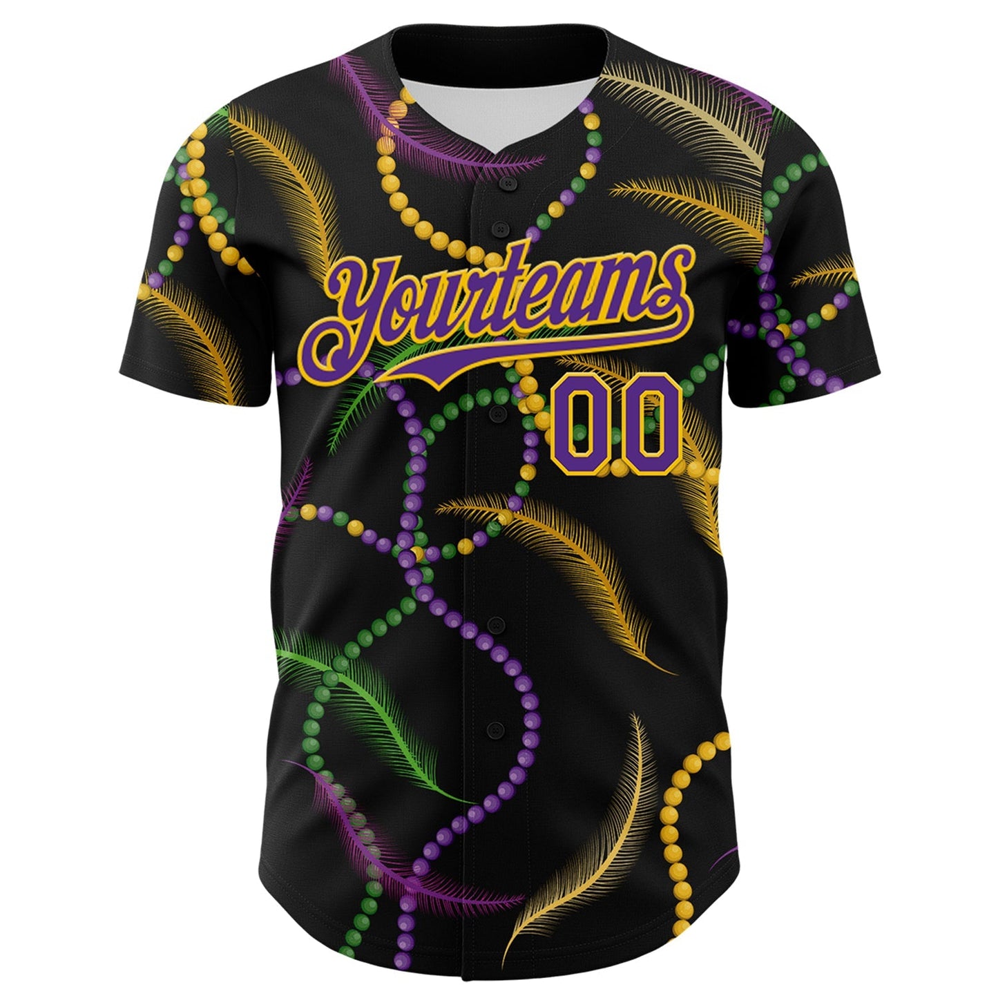 Custom Black Purple-Gold 3D Pattern Design Mardi Gras Shrove Tuesday Authentic Baseball Jersey baseball jersey product view 2