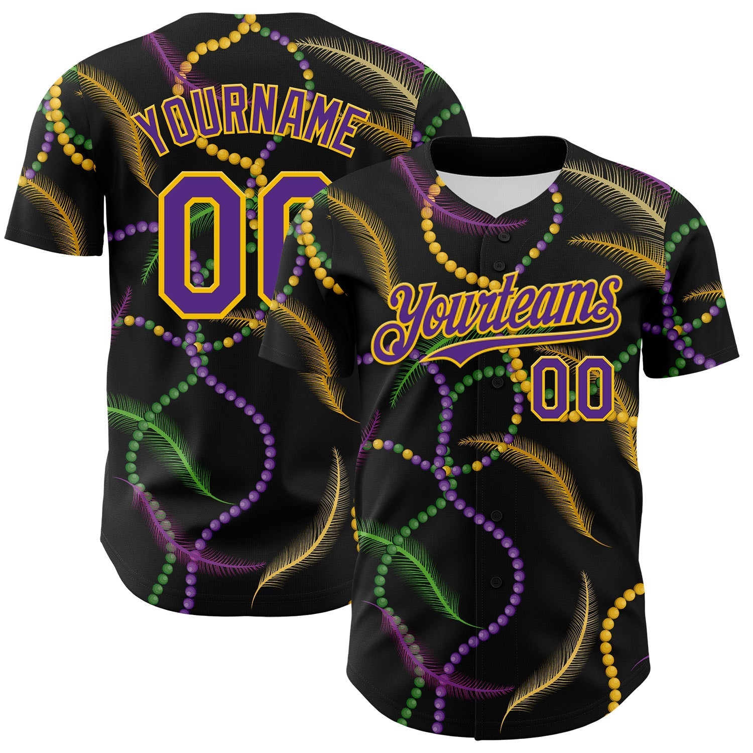 Custom Black Purple-Gold 3D Pattern Design Mardi Gras Shrove Tuesday Authentic Baseball Jersey baseball jersey product view 1