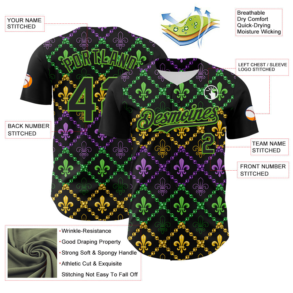 Custom Black Aurora Green 3D Pattern Design Mardi Gras Shrove Tuesday Authentic Baseball Jersey baseball jersey product view 3