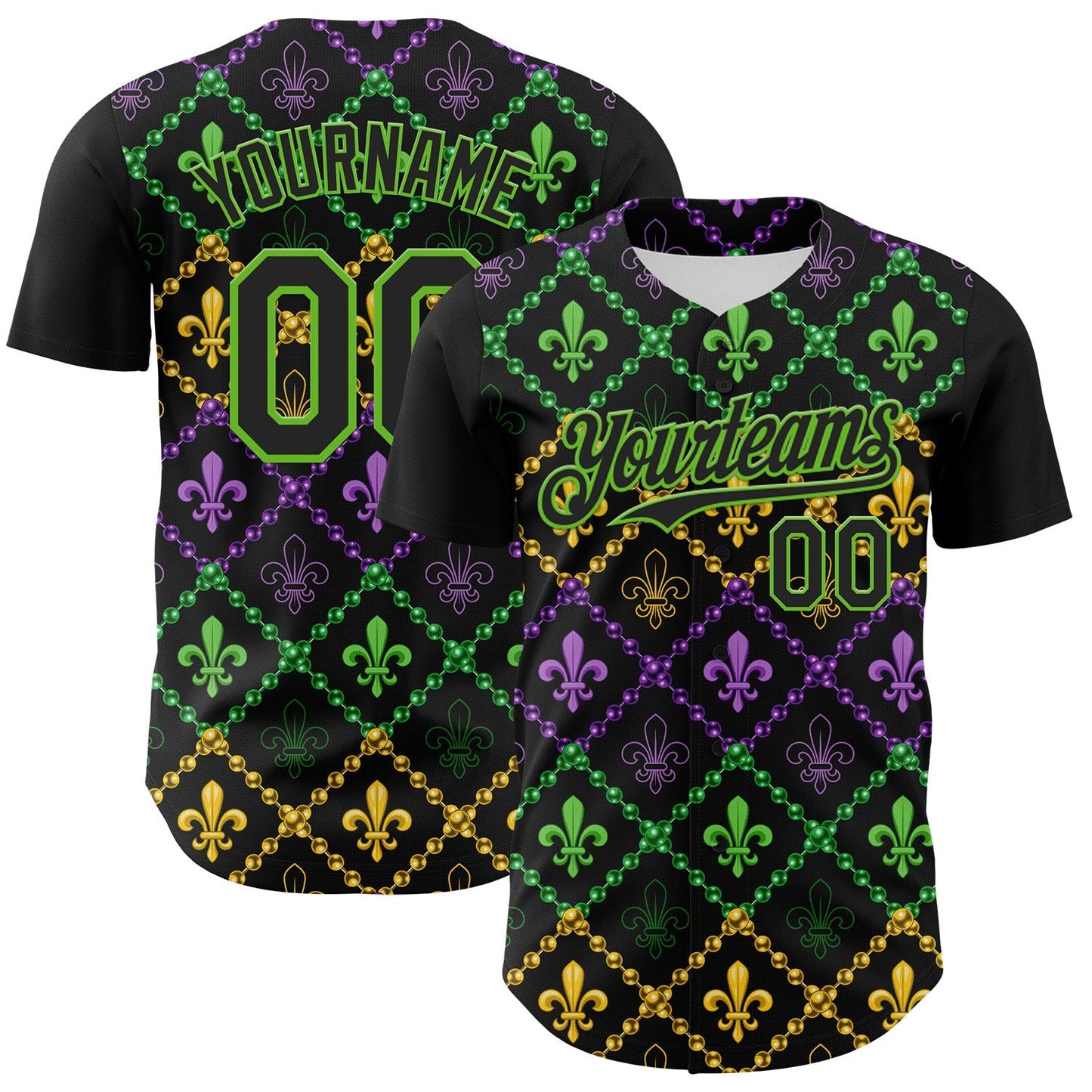 Custom Black Aurora Green 3D Pattern Design Mardi Gras Shrove Tuesday Authentic Baseball Jersey baseball jersey product view 1