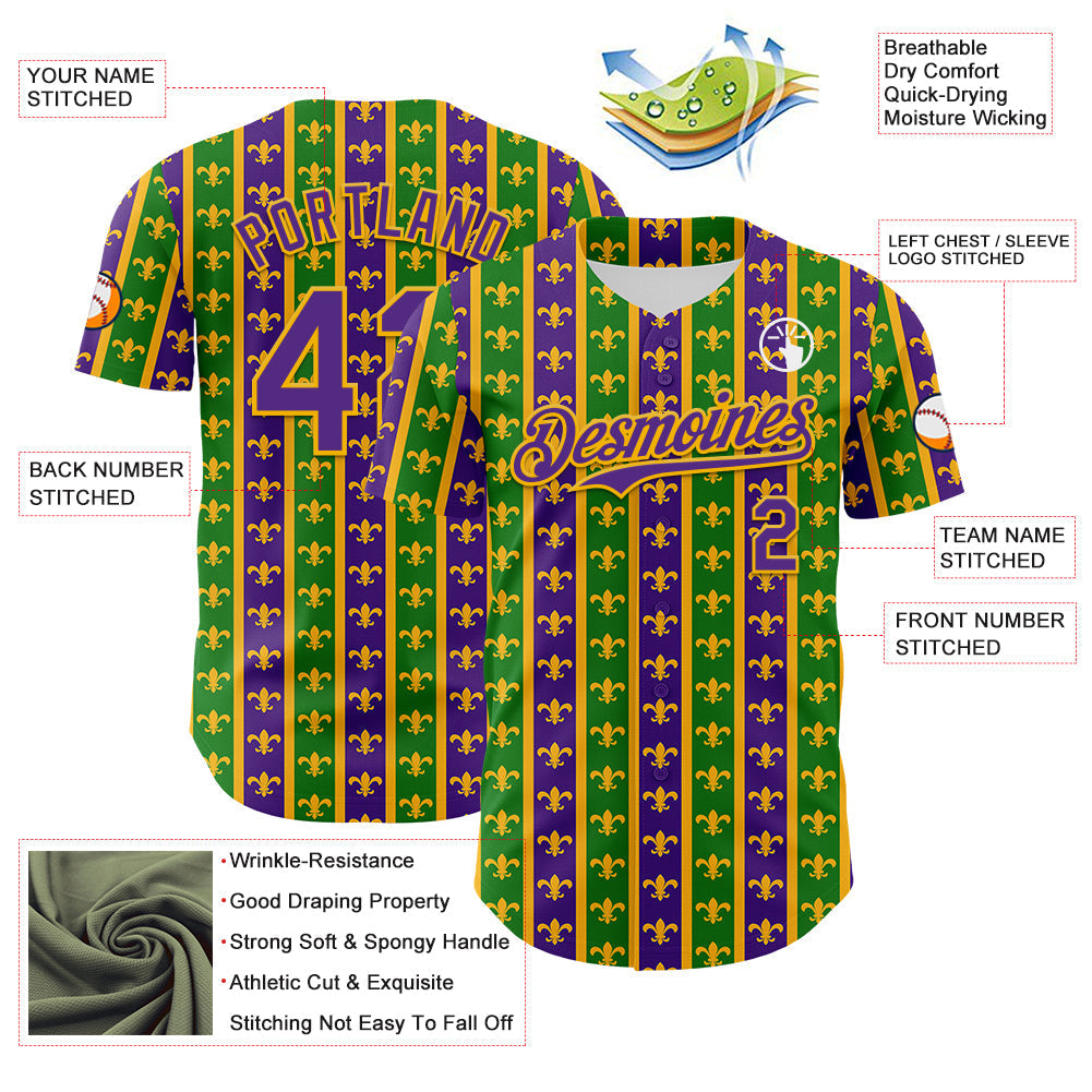 Custom Green Purple-Gold 3D Pattern Design Mardi Gras Shrove Tuesday Authentic Baseball Jersey baseball jersey product view 3