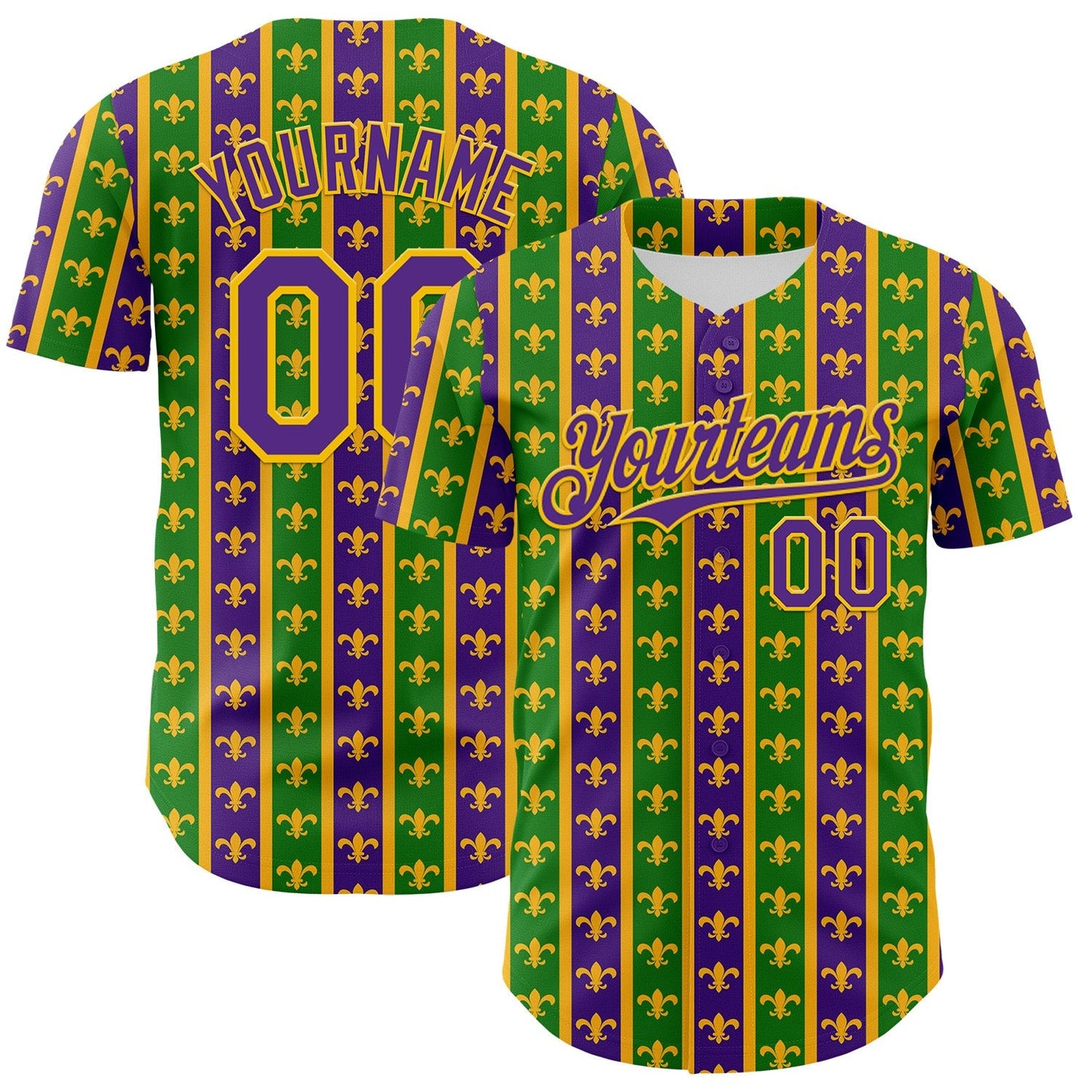 Custom Green Purple-Gold 3D Pattern Design Mardi Gras Shrove Tuesday Authentic Baseball Jersey baseball jersey product view 1