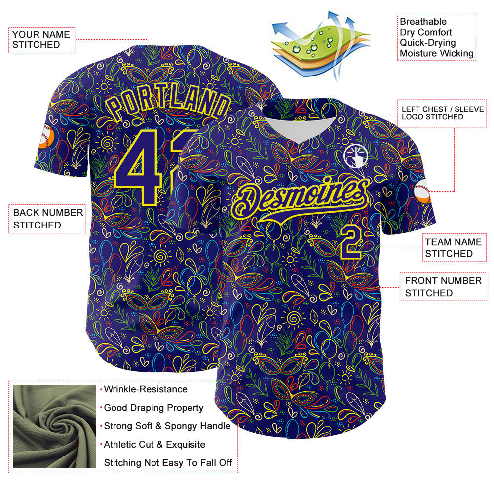 Custom Dark Purple Light Yellow 3D Pattern Design Mardi Gras Shrove Tuesday Authentic Baseball Jersey baseball jersey product view 3