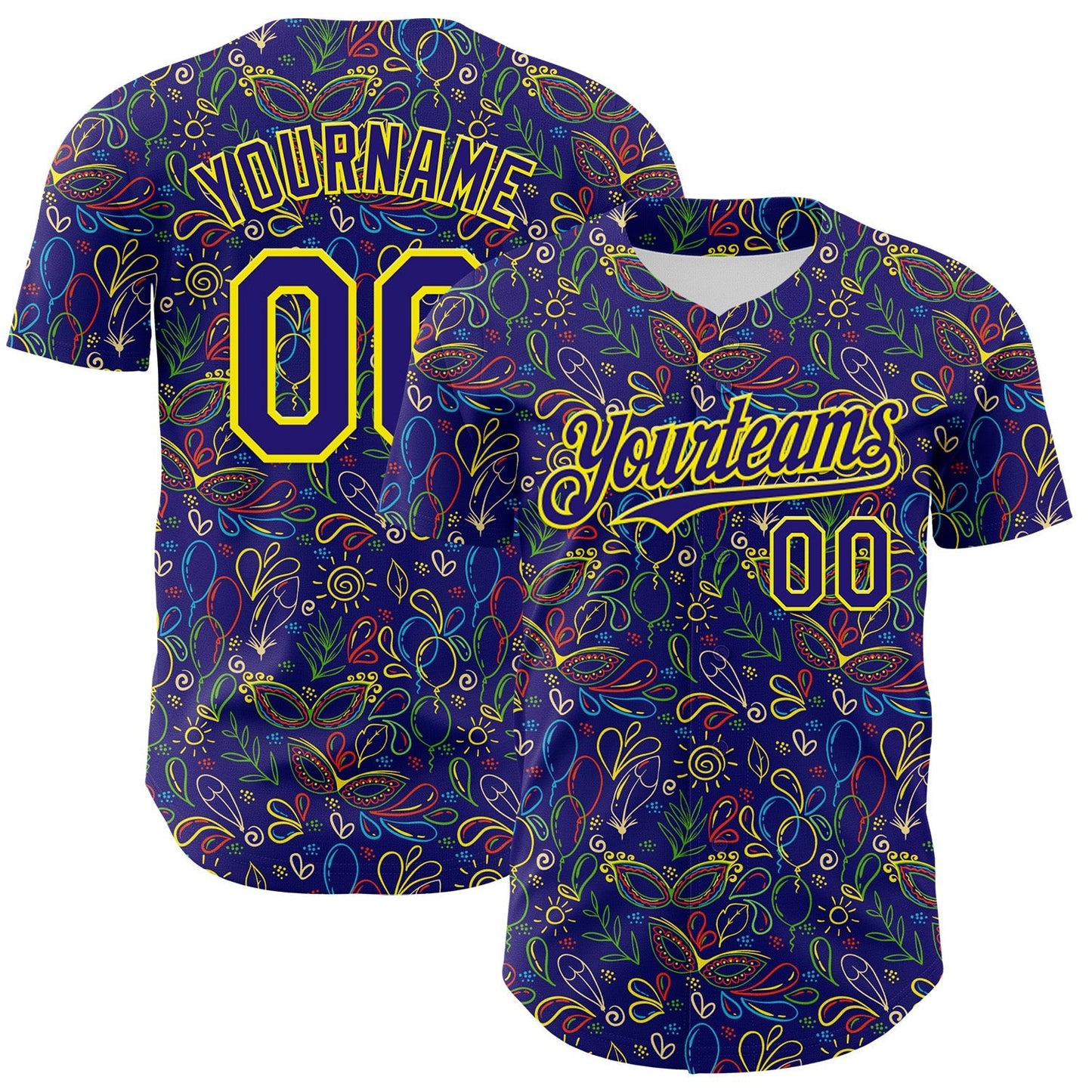 Custom Dark Purple Light Yellow 3D Pattern Design Mardi Gras Shrove Tuesday Authentic Baseball Jersey baseball jersey product view 1