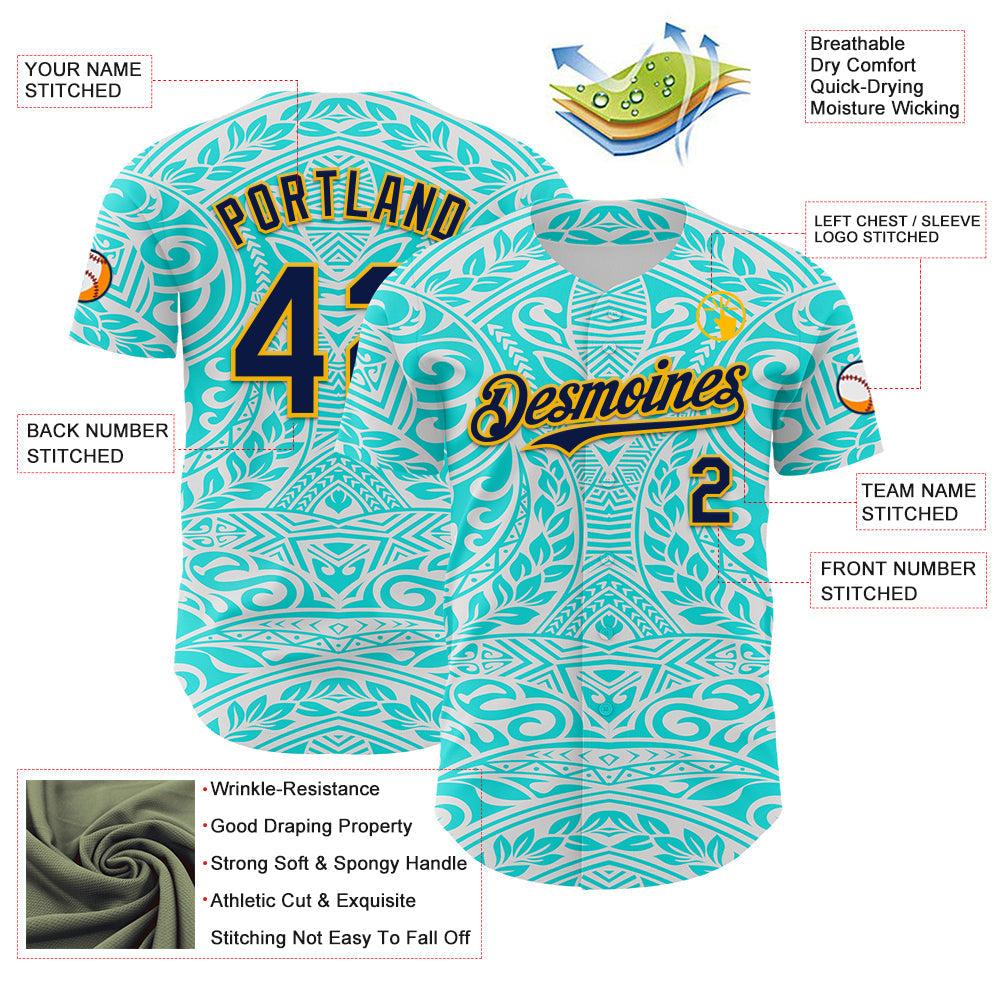 Custom Ice Blue Navy-Gold 3D Pattern Design Burner Costumes Tribal Tattoo Authentic Baseball Jersey baseball jersey product view 3