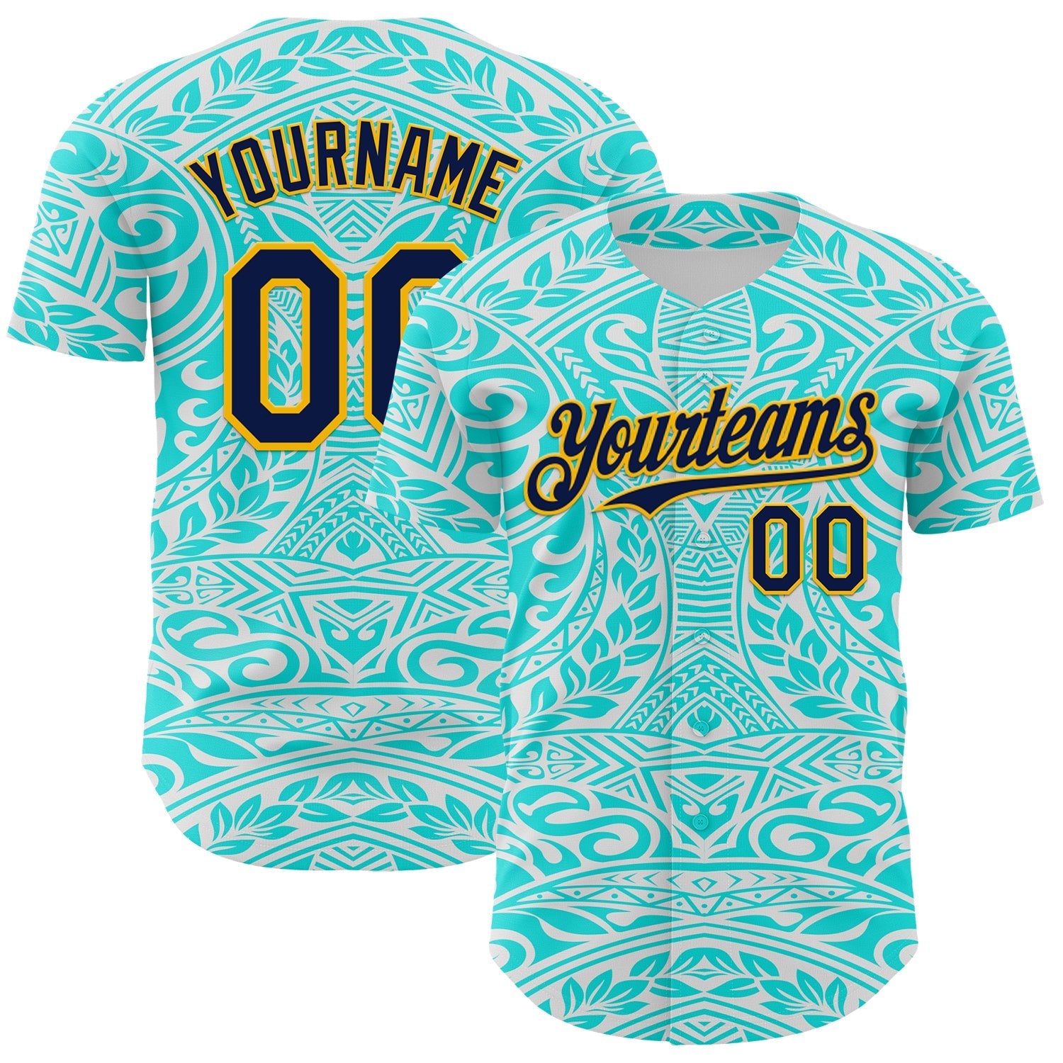 Custom Ice Blue Navy-Gold 3D Pattern Design Burner Costumes Tribal Tattoo Authentic Baseball Jersey baseball jersey product view 1