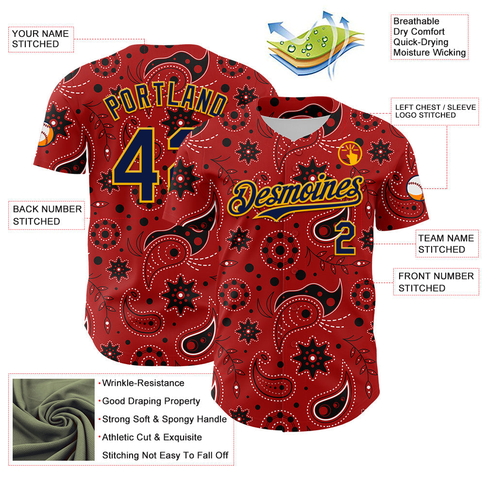 Custom Red Navy-Gold 3D Pattern Design Burner Costumes Paisley Bandana Authentic Baseball Jersey baseball jersey product view 3