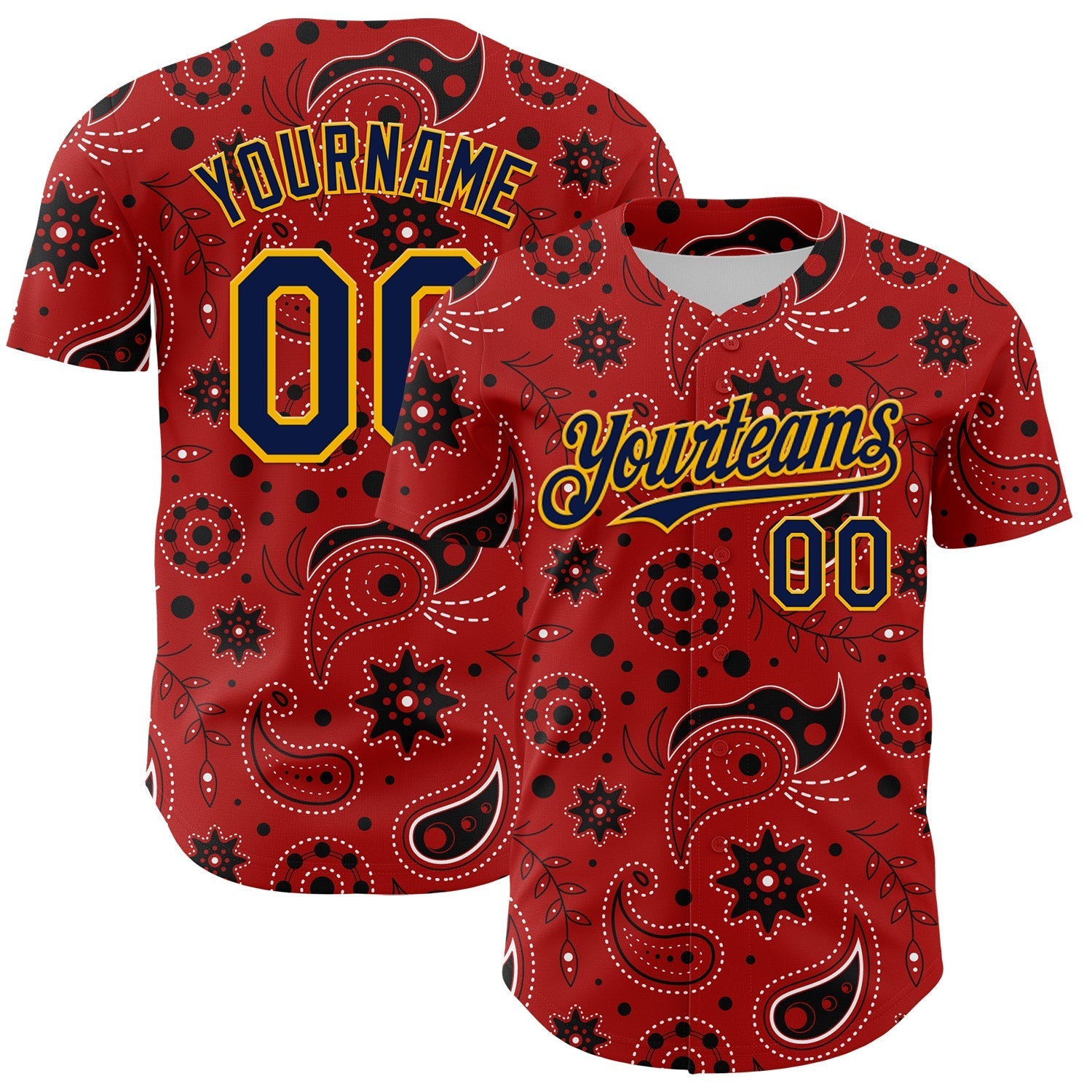 Custom Red Navy-Gold 3D Pattern Design Burner Costumes Paisley Bandana Authentic Baseball Jersey baseball jersey product view 1