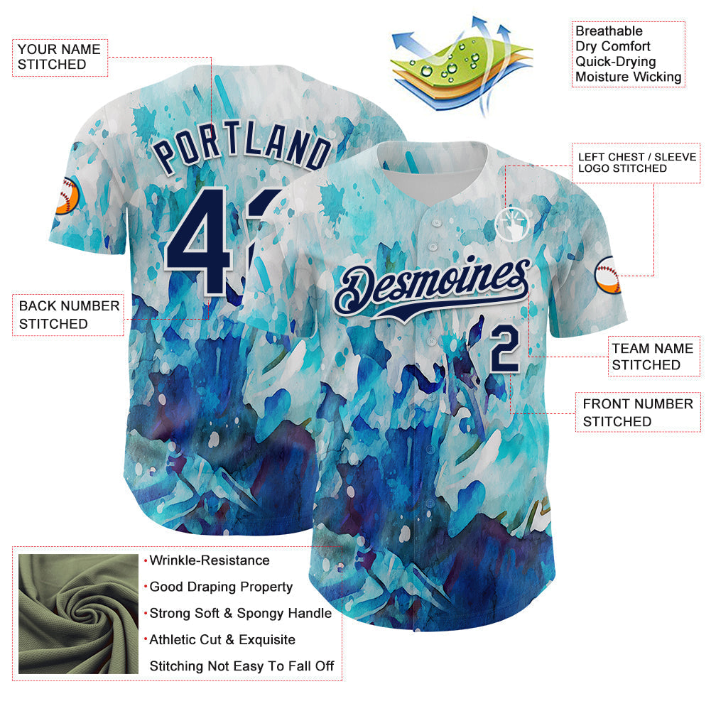 Custom White Navy 3D Pattern Design Burner Costumes Watercolor Paint Authentic Baseball Jersey baseball jersey product view 3