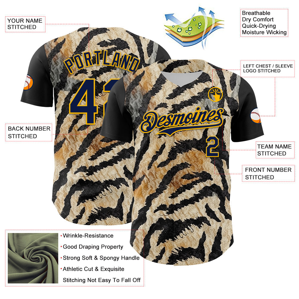 Custom Black Navy-Gold 3D Pattern Design Burner Costumes Tiger Print Authentic Baseball Jersey baseball jersey product view 3