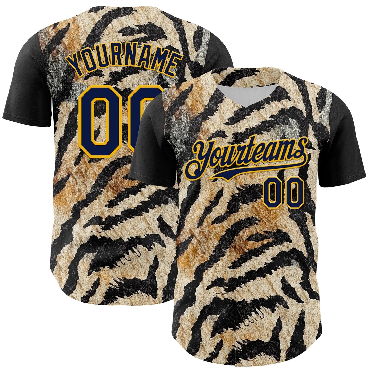 Custom Black Navy-Gold 3D Pattern Design Burner Costumes Tiger Print Authentic Baseball Jersey baseball jersey product view 1