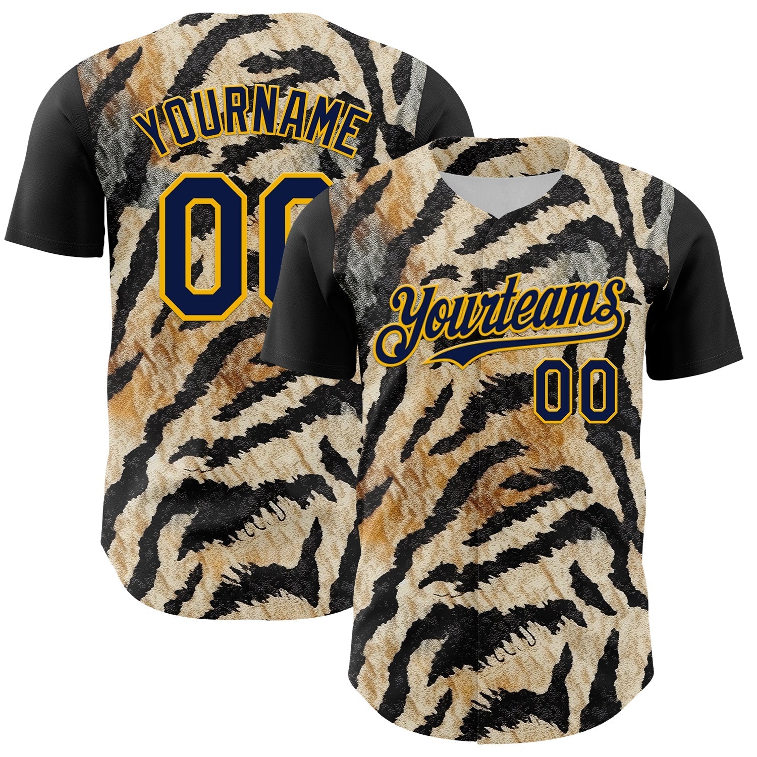 Custom Black Navy-Gold 3D Pattern Design Burner Costumes Tiger Print Authentic Baseball Jersey baseball jersey product view 1