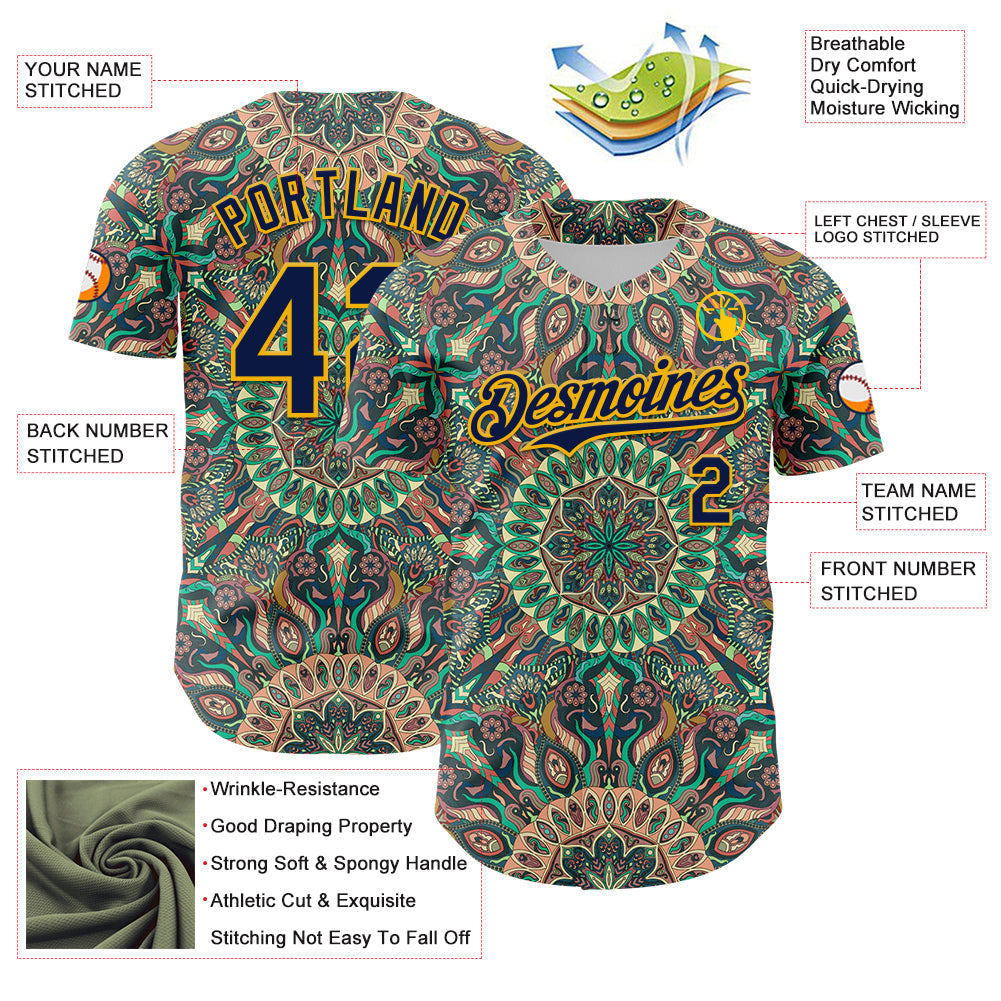 Custom Green Navy-Gold 3D Pattern Design Burner Costumes Psychedelic Authentic Baseball Jersey baseball jersey product view 3
