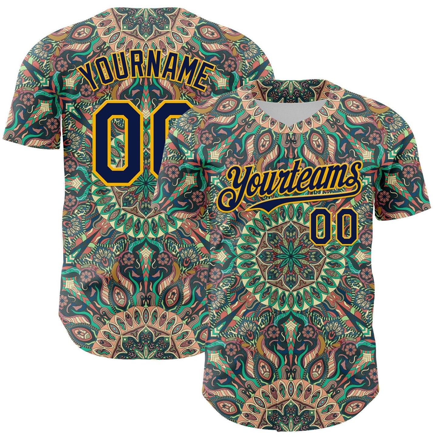 Custom Green Navy-Gold 3D Pattern Design Burner Costumes Psychedelic Authentic Baseball Jersey baseball jersey product view 1