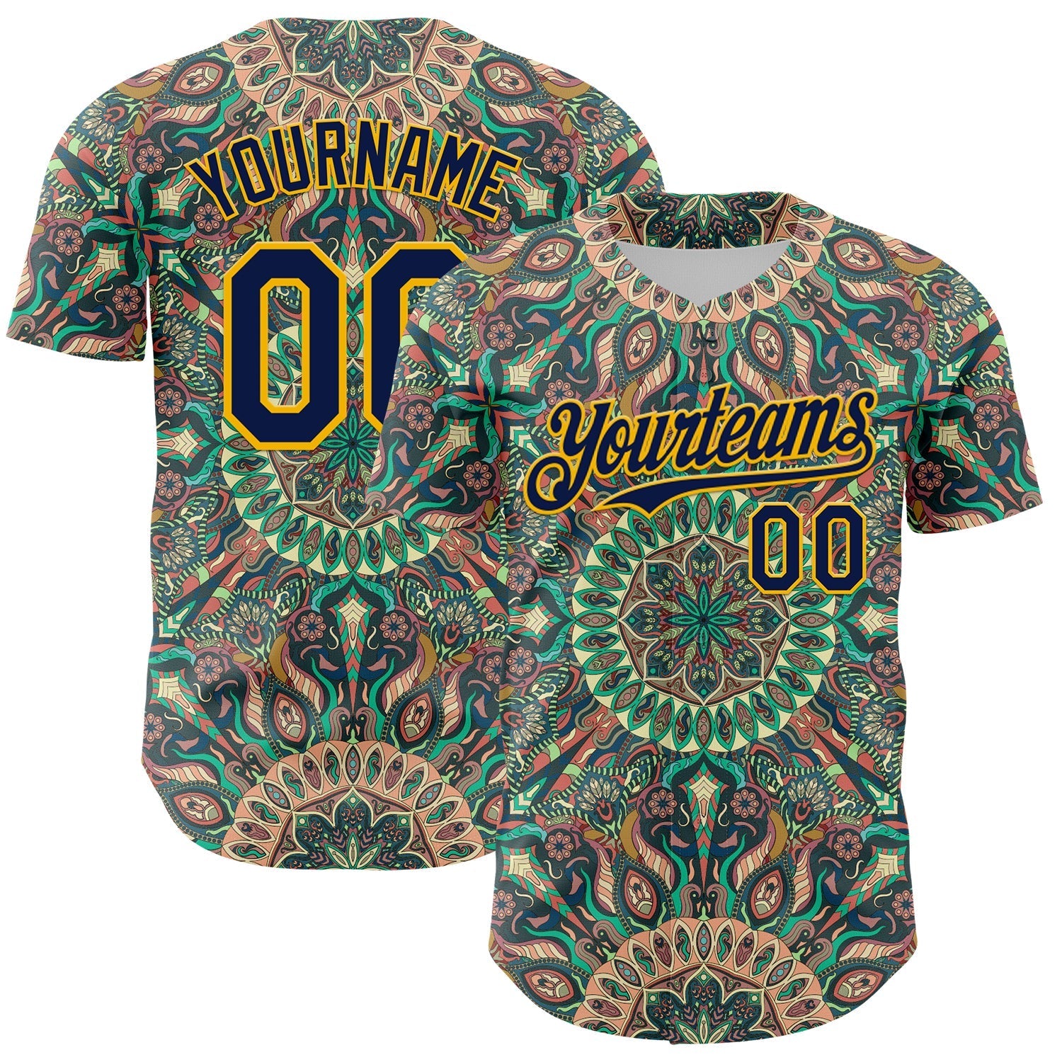 Custom Green Navy-Gold 3D Pattern Design Burner Costumes Psychedelic Authentic Baseball Jersey baseball jersey product view 1