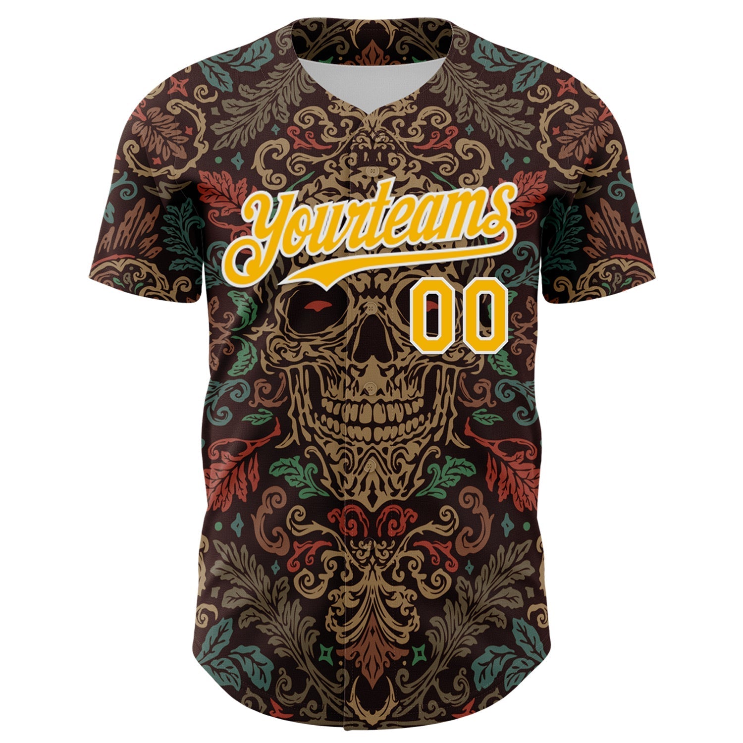 Custom Brown Gold-White 3D Pattern Design Burner Costumes Skull Floral Authentic Baseball Jersey baseball jersey product view 2