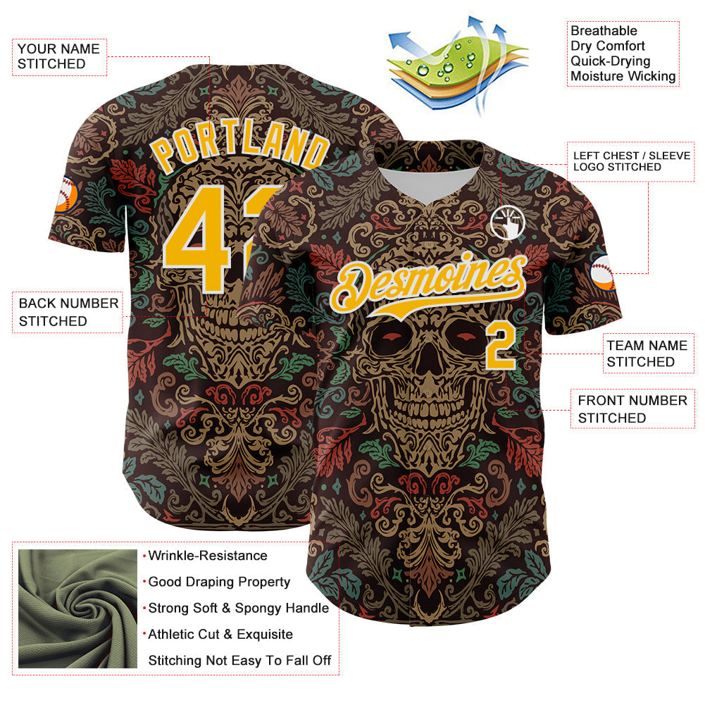 Custom Brown Gold-White 3D Pattern Design Burner Costumes Skull Floral Authentic Baseball Jersey baseball jersey product view 3