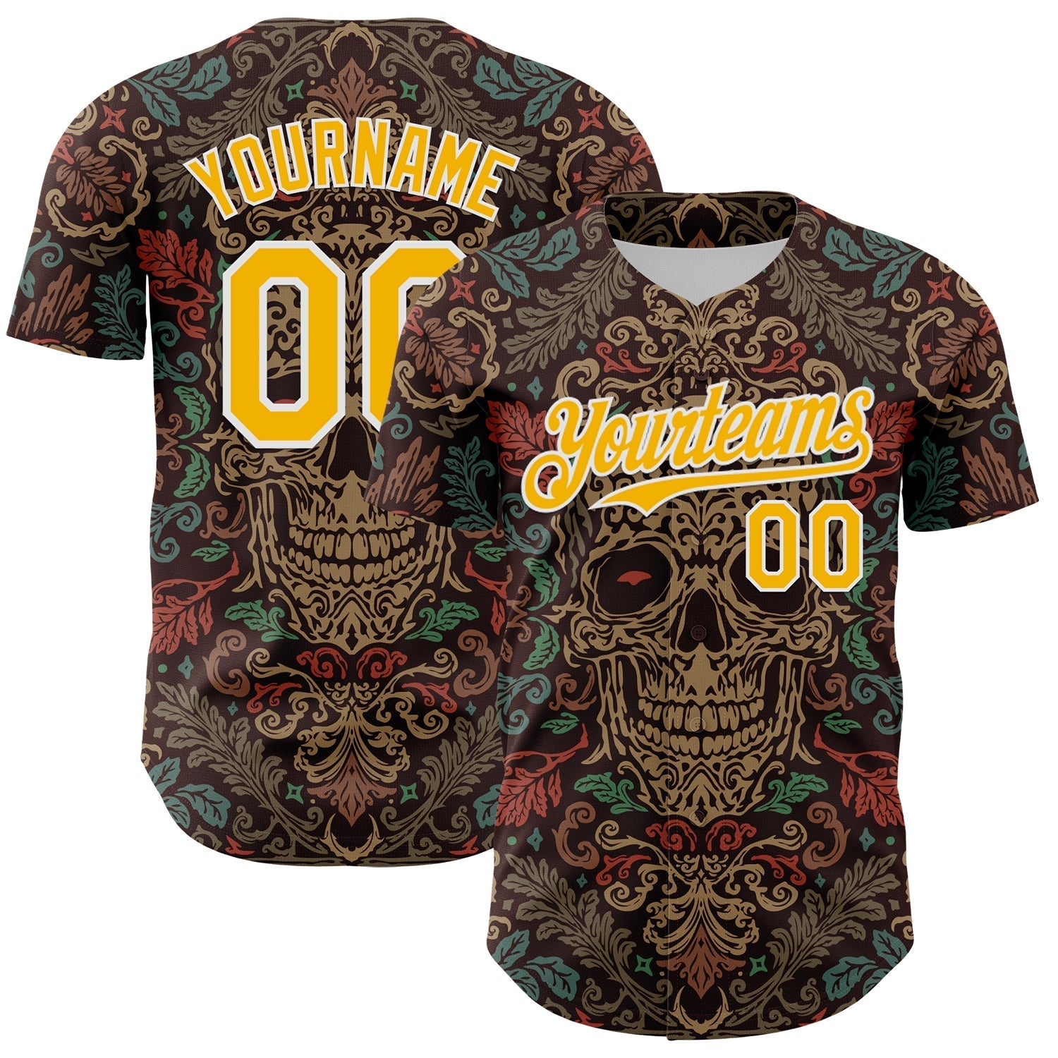 Custom Brown Gold-White 3D Pattern Design Burner Costumes Skull Floral Authentic Baseball Jersey baseball jersey product view 1