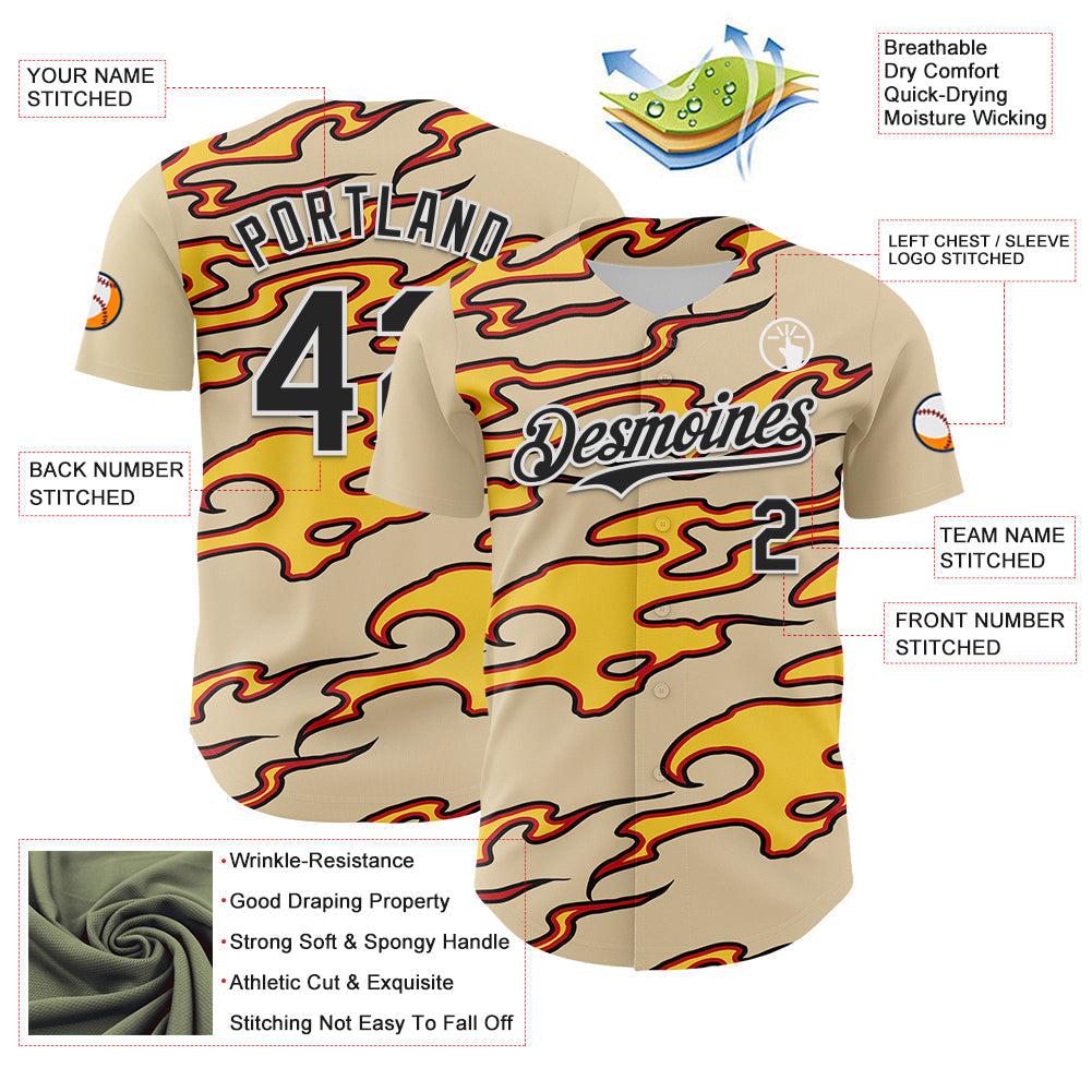 Custom City Cream Black-White 3D Pattern Design Rave Party Flame Authentic Baseball Jersey baseball jersey product view 3