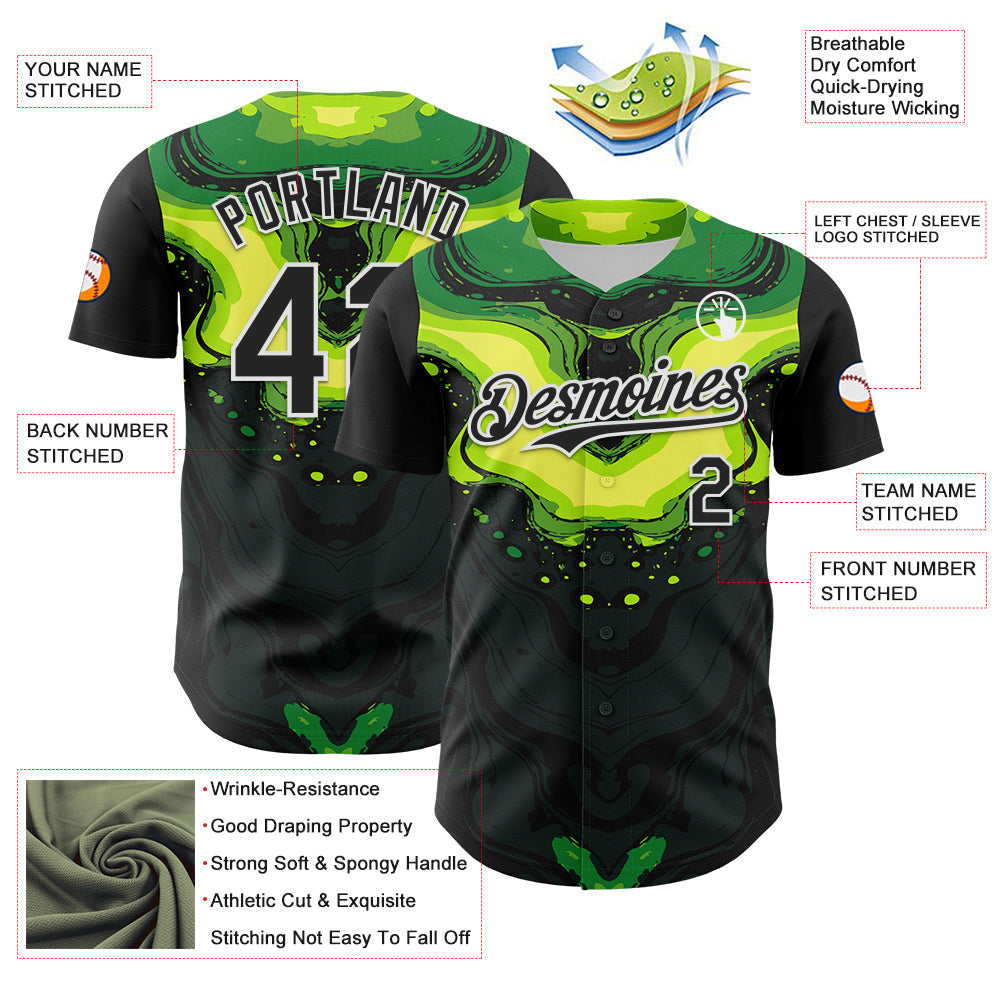 Custom Black Green-White 3D Pattern Design Rave Party Poison Liquid Authentic Baseball Jersey baseball jersey product view 3