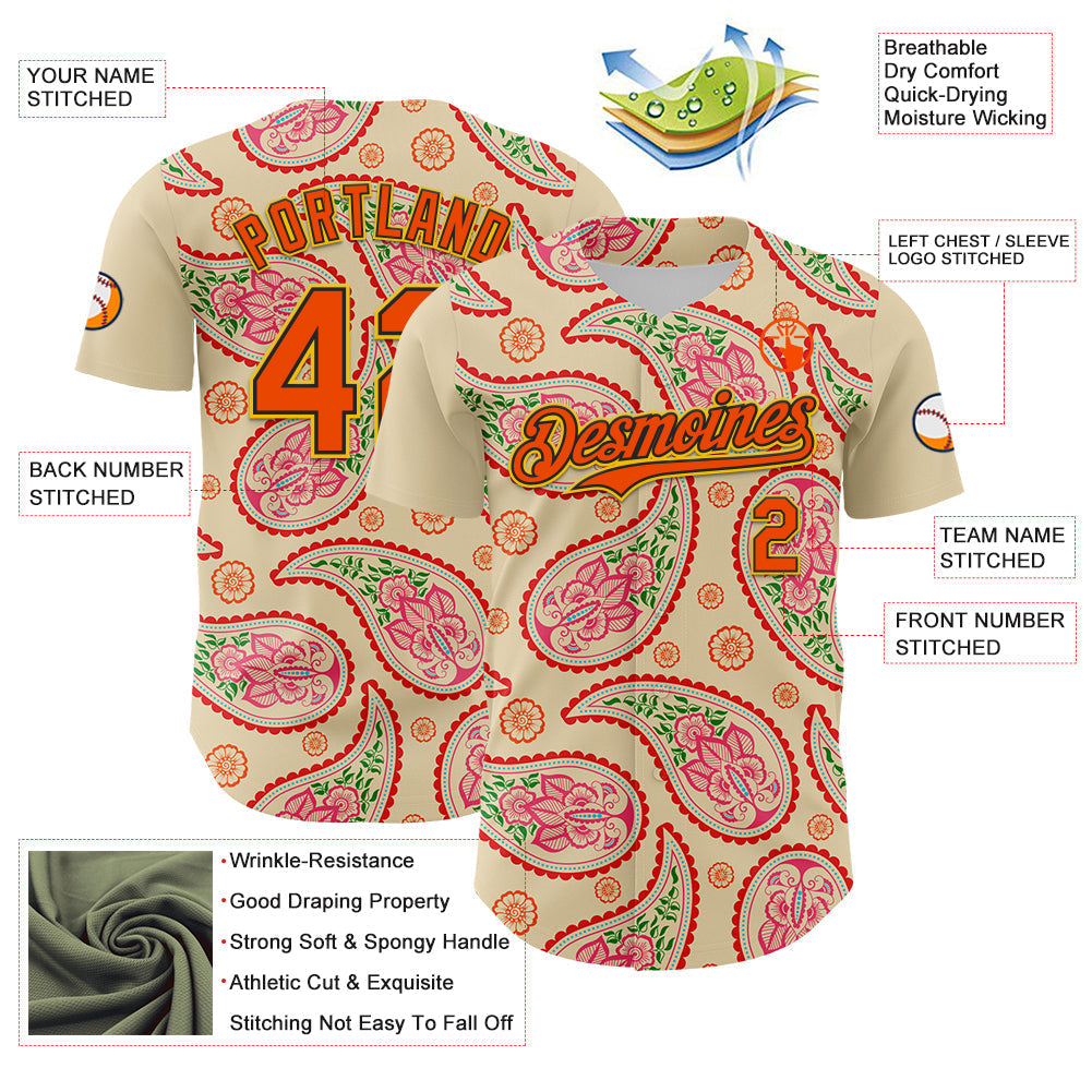 Custom Cream Orange Black-Yellow 3D Pattern Design Rave Party Paisley Bandana Authentic Baseball Jersey baseball jersey product view 3