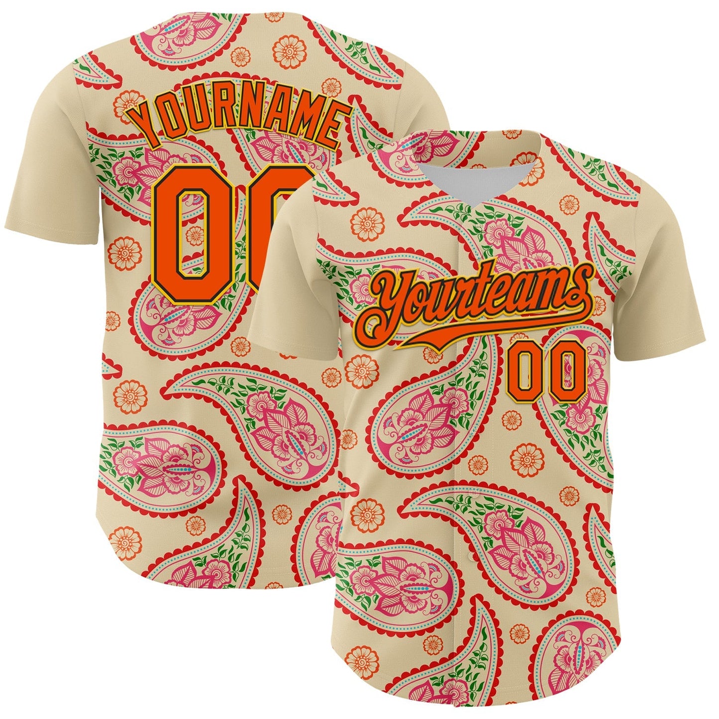 Custom Cream Orange Black-Yellow 3D Pattern Design Rave Party Paisley Bandana Authentic Baseball Jersey baseball jersey product view 1