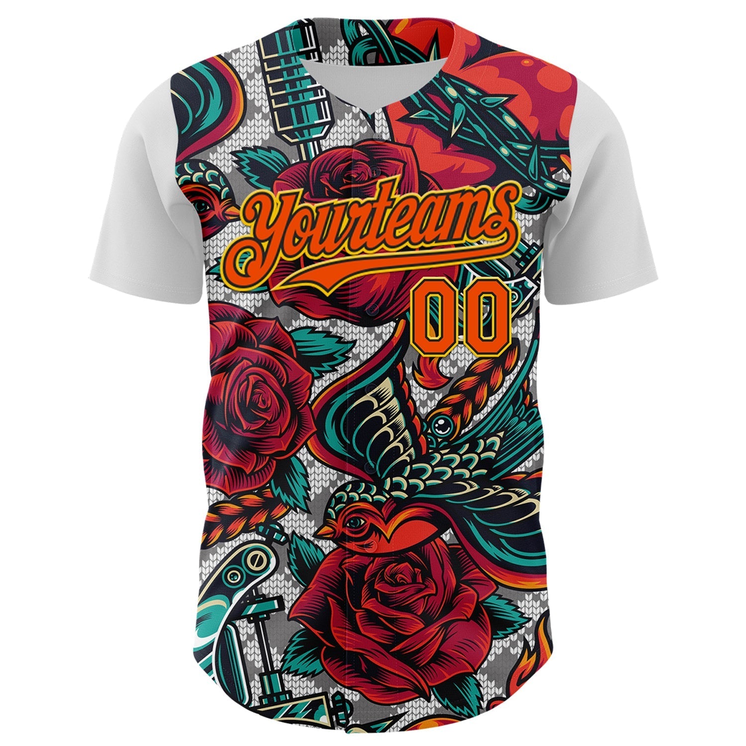 Custom White Orange Black-Yellow 3D Pattern Design Rave Party Roses Vintage Tattoos Authentic Baseball Jersey baseball jersey product view 2