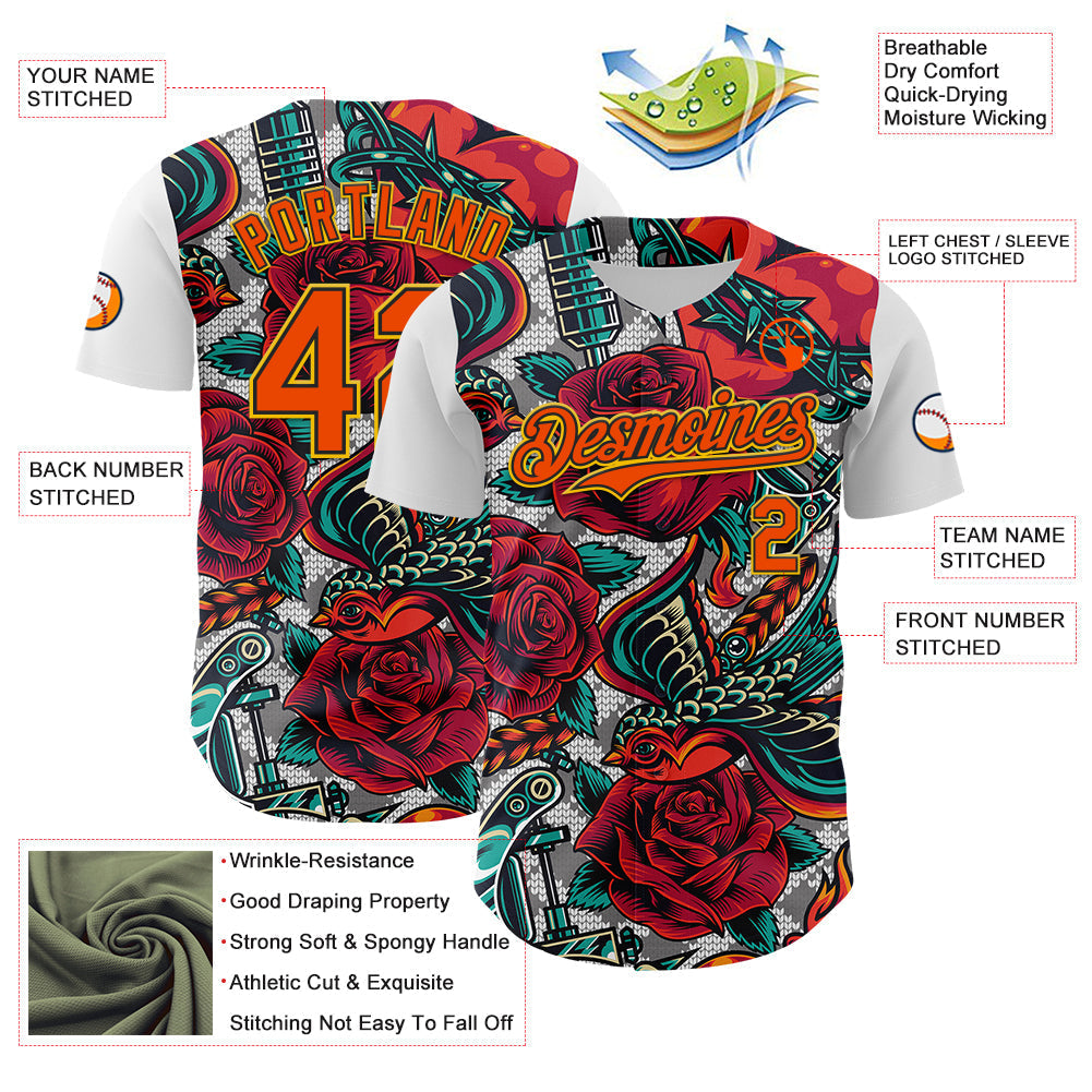 Custom White Orange Black-Yellow 3D Pattern Design Rave Party Roses Vintage Tattoos Authentic Baseball Jersey baseball jersey product view 3
