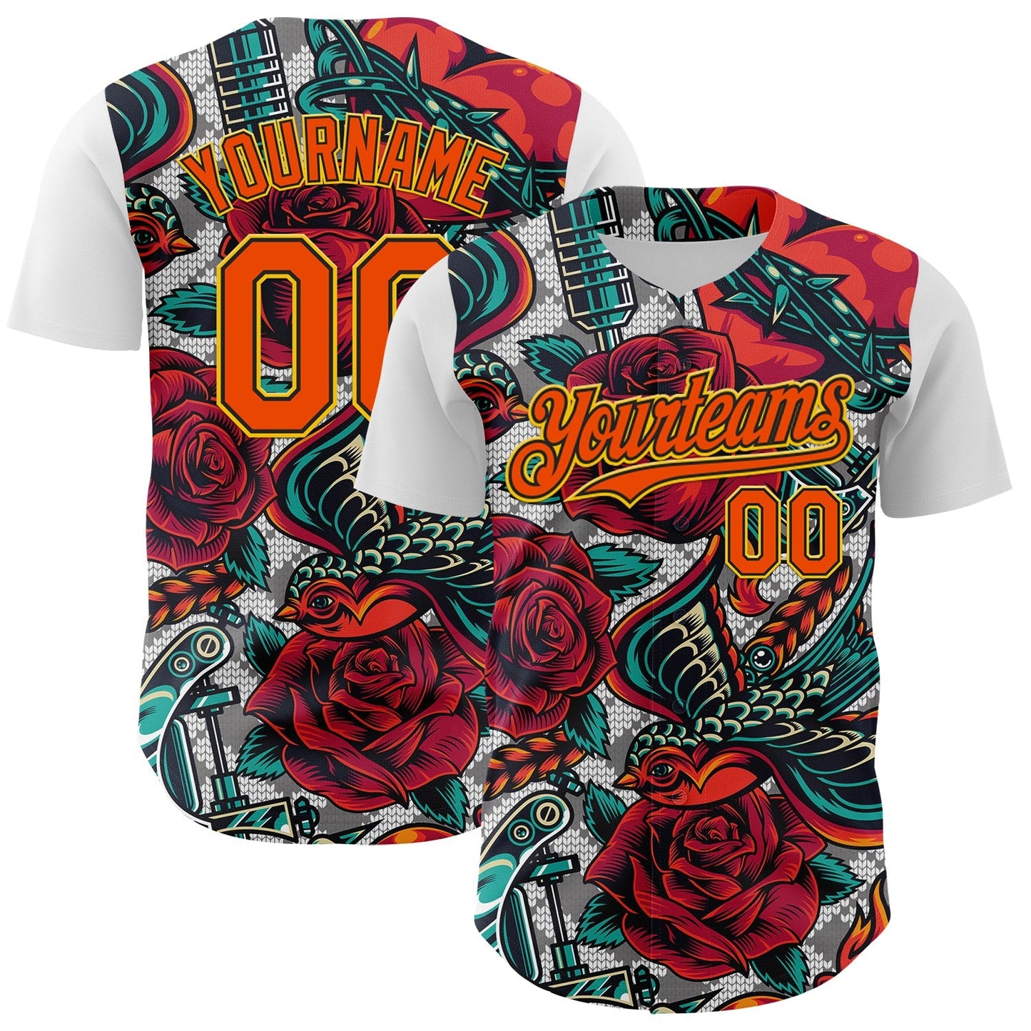 Custom White Orange Black-Yellow 3D Pattern Design Rave Party Roses Vintage Tattoos Authentic Baseball Jersey baseball jersey product view 1