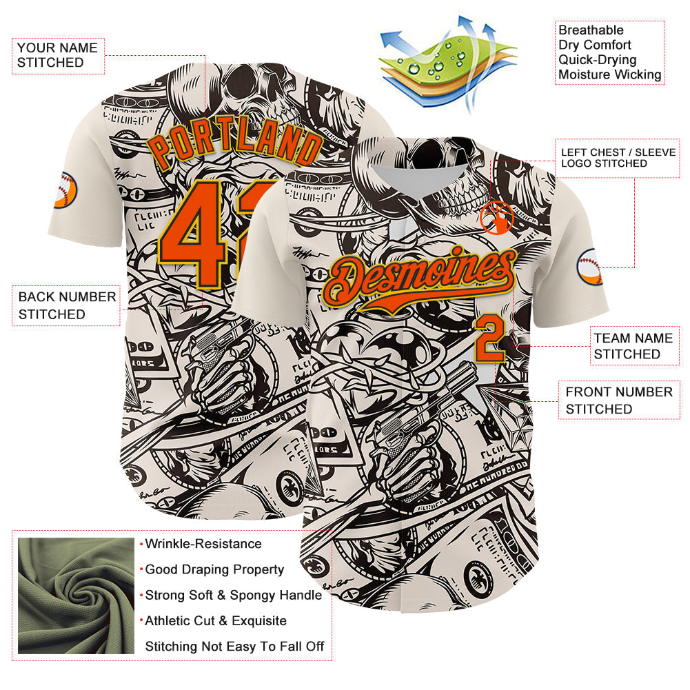 Custom White Orange Black-Yellow 3D Pattern Design Rave Party Vintage Cash Money Authentic Baseball Jersey baseball jersey product view 3