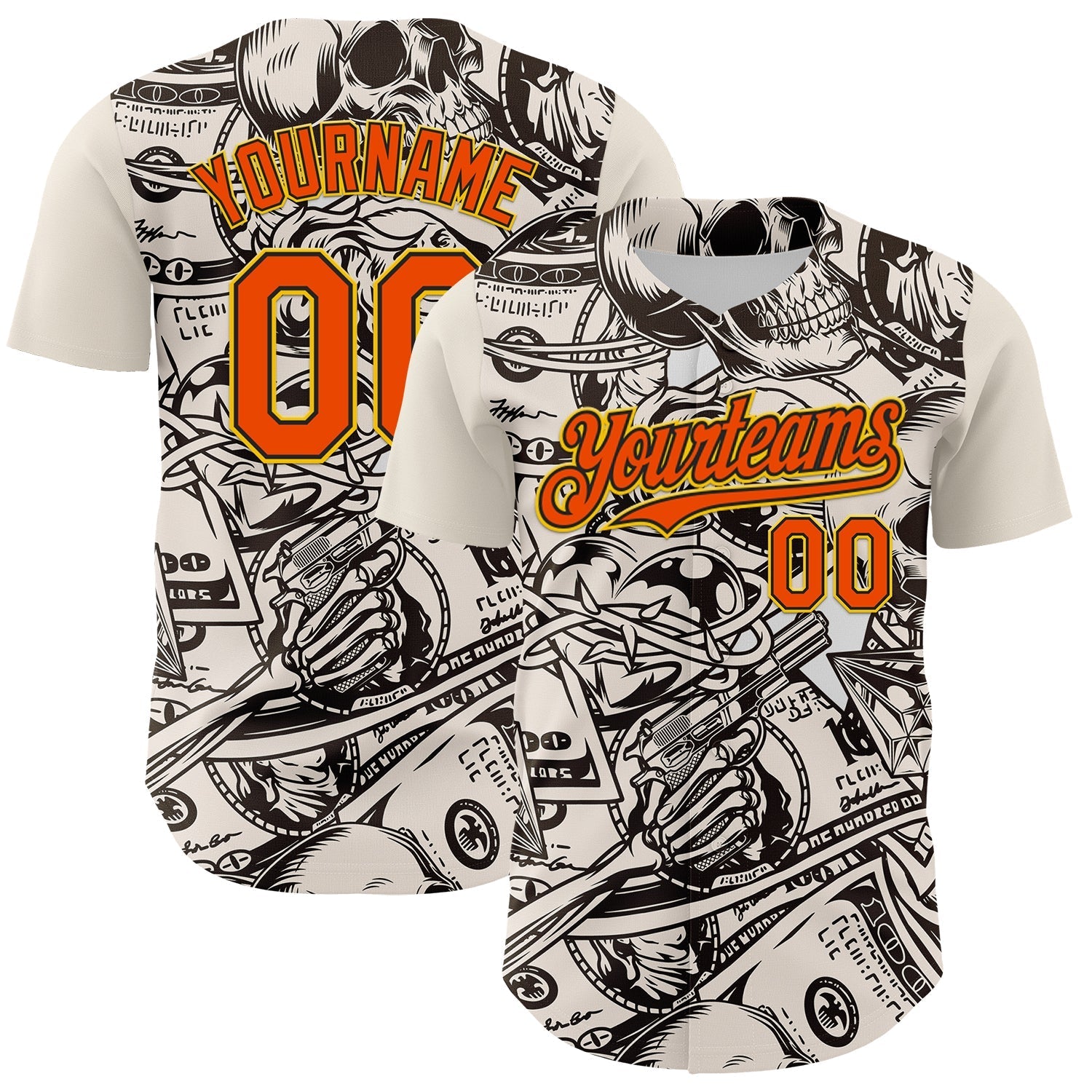 Custom White Orange Black-Yellow 3D Pattern Design Rave Party Vintage Cash Money Authentic Baseball Jersey baseball jersey product view 1