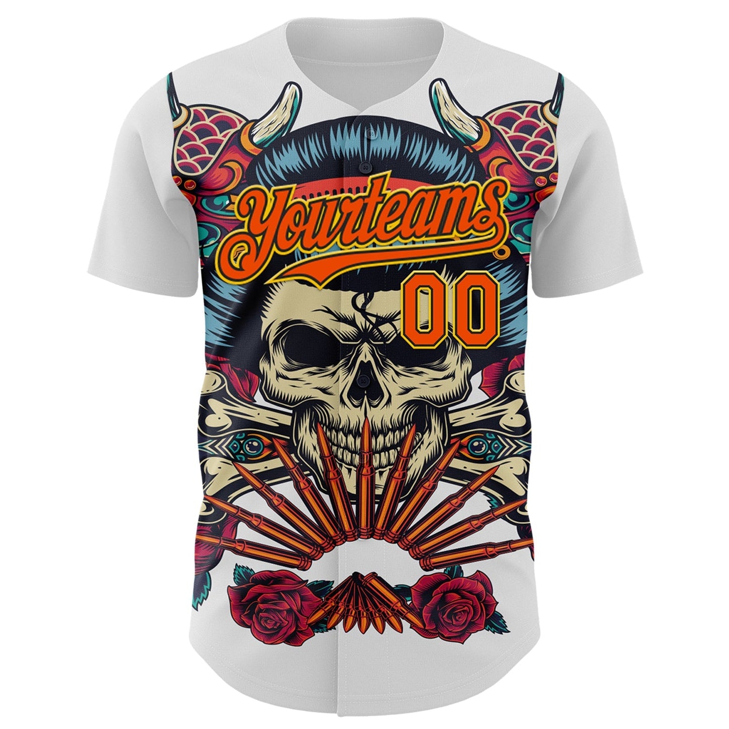Custom White Orange Black-Yellow 3D Pattern Design Rave Party Vintage Geisha Skull Authentic Baseball Jersey baseball jersey product view 2